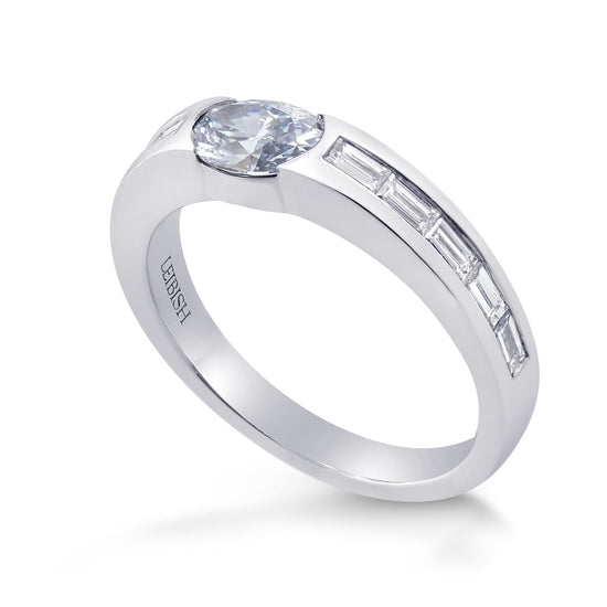 Fancy Intense Blue Oval and Baguette Diamond side stone ring