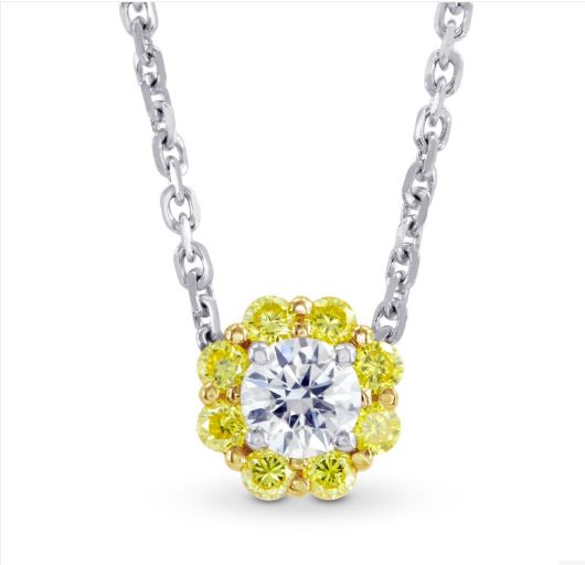 White and Canary Yellow Diamond Floral Halo Pendant