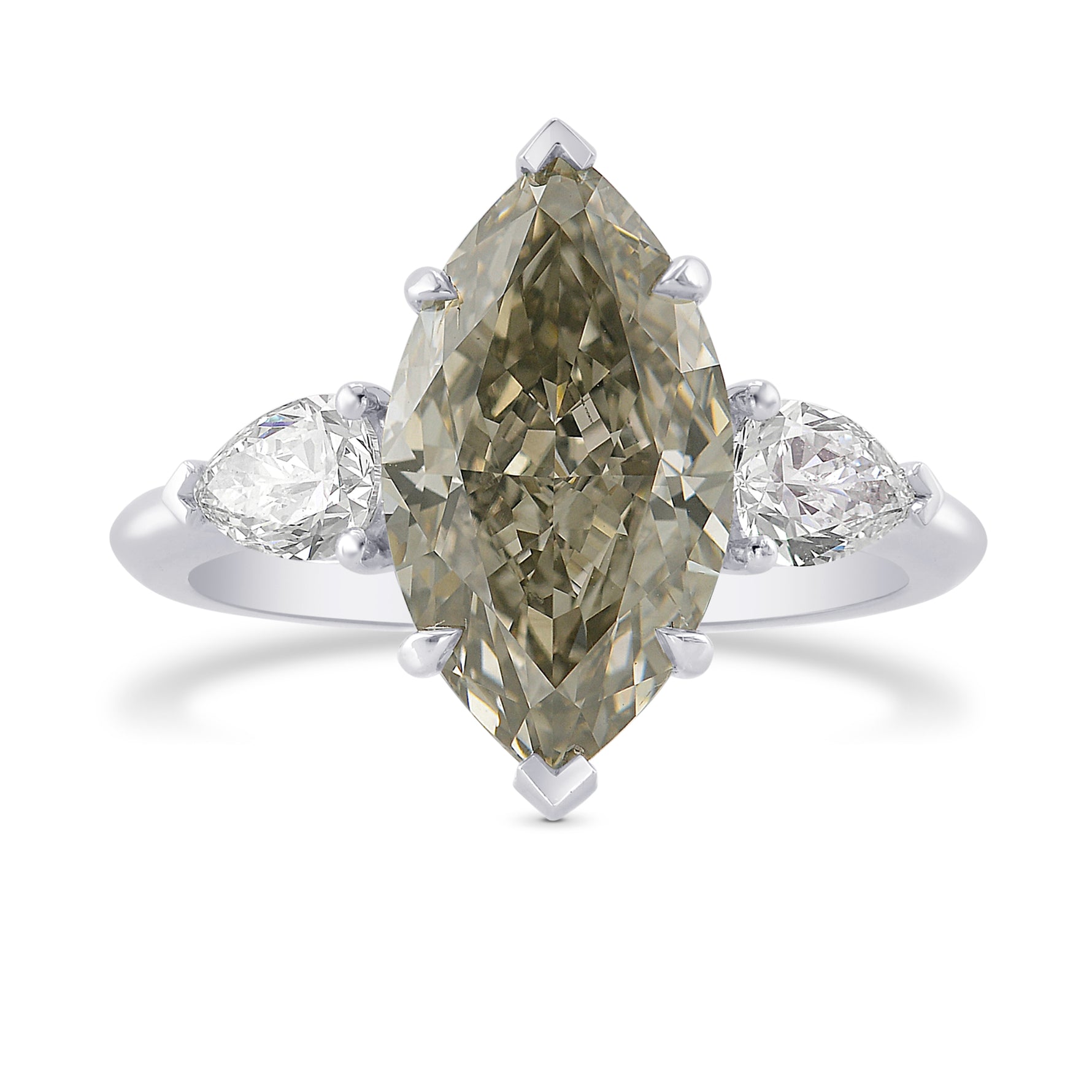 Fancy Gray Yellowish Green Marquise Diamond 3 Stone Ring