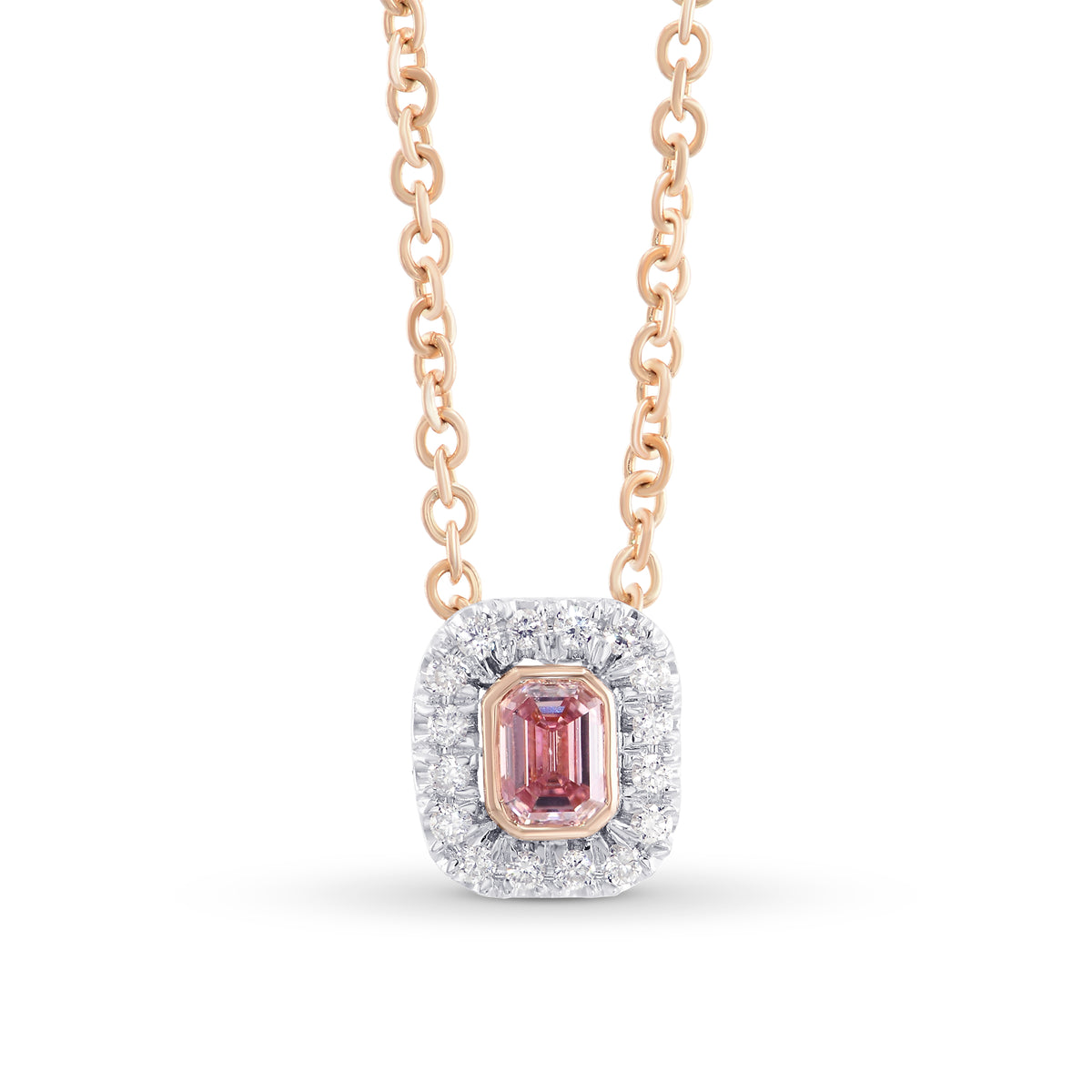 Fancy Intense Purplish Pink Emerald Diamond Halo Pendant