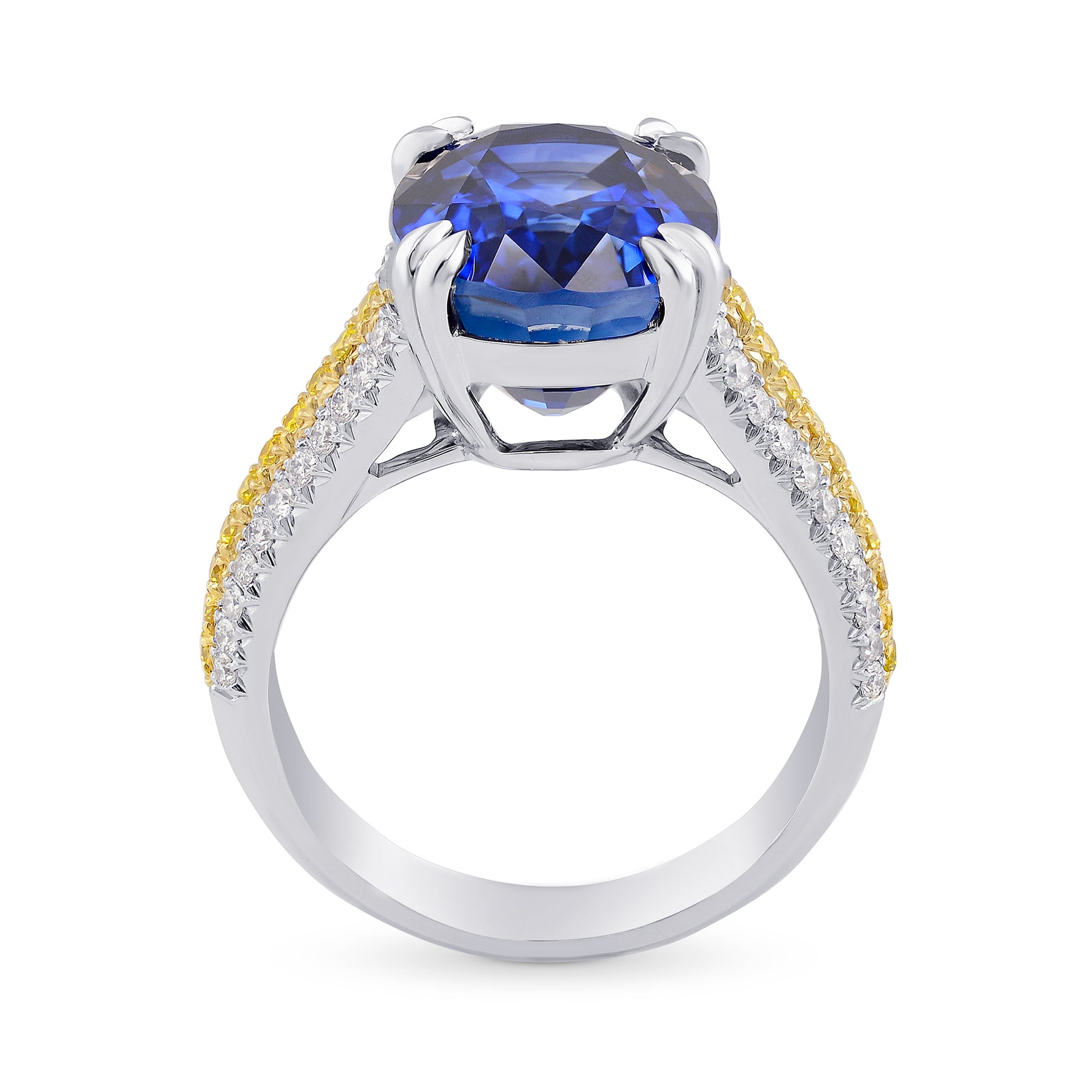 Oval Sapphire & White and Yellow Diamond Three Shank Ring
