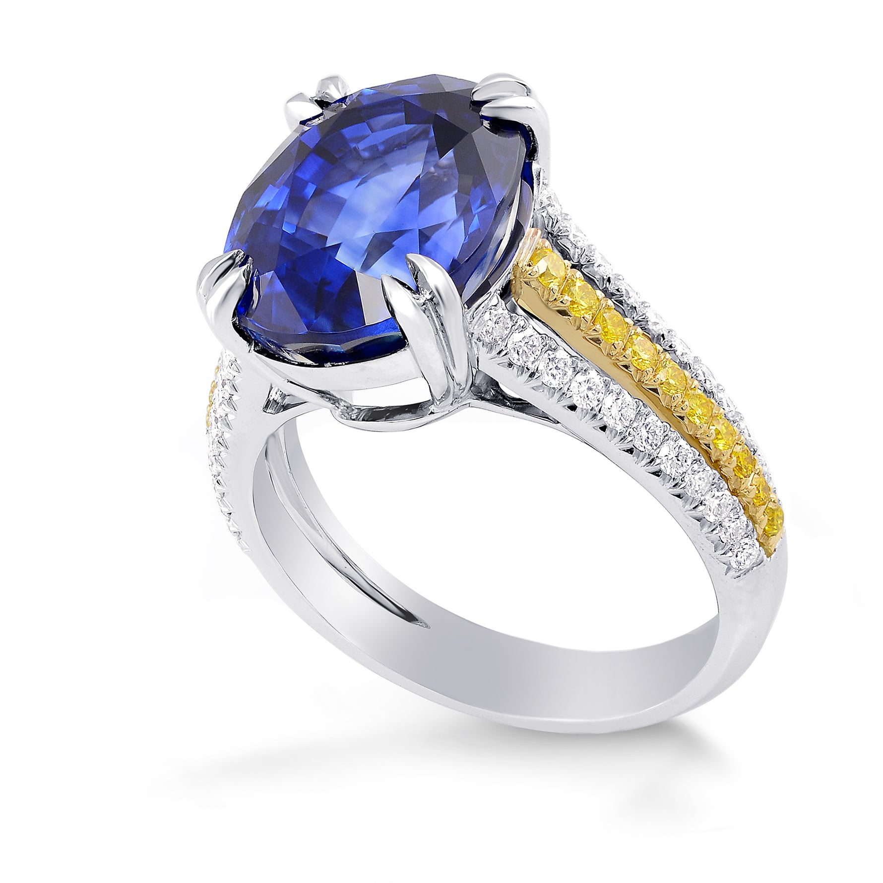 Oval Sapphire & White and Yellow Diamond Three Shank Ring