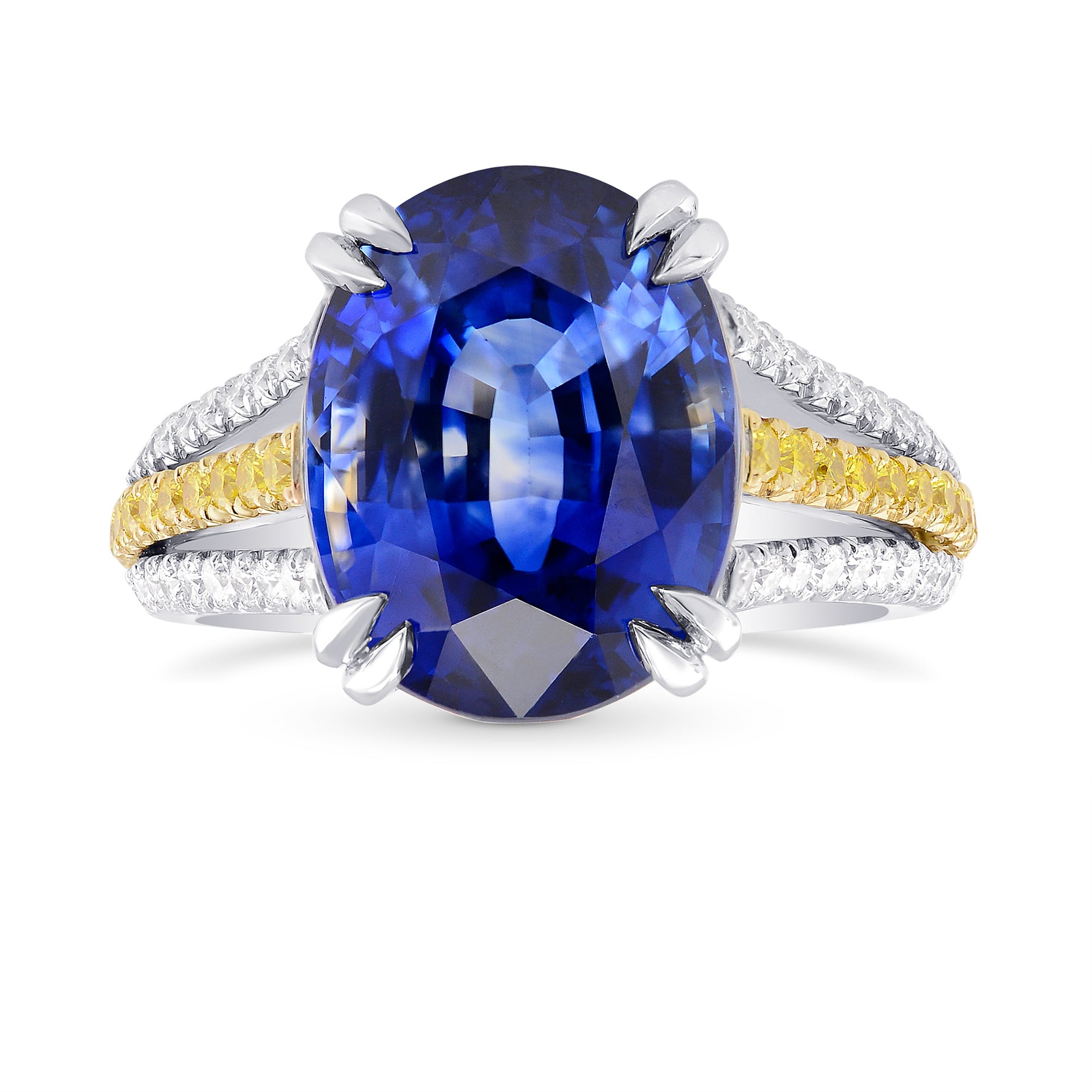 Oval Sapphire & White and Yellow Diamond Three Shank Ring