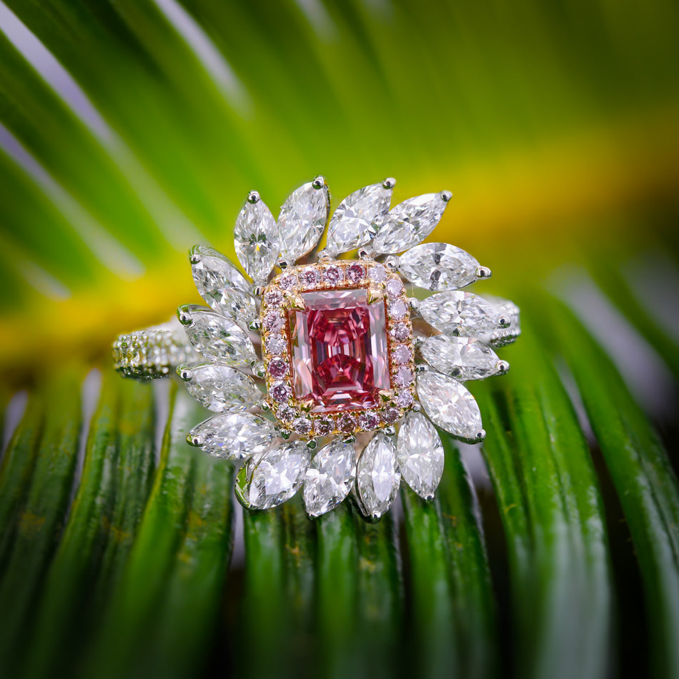 pink diamond dress ring Raisa 18ct White and Rose Gold Cabochon Morganite, Pink Sapphire and Diamond Dress Ring
