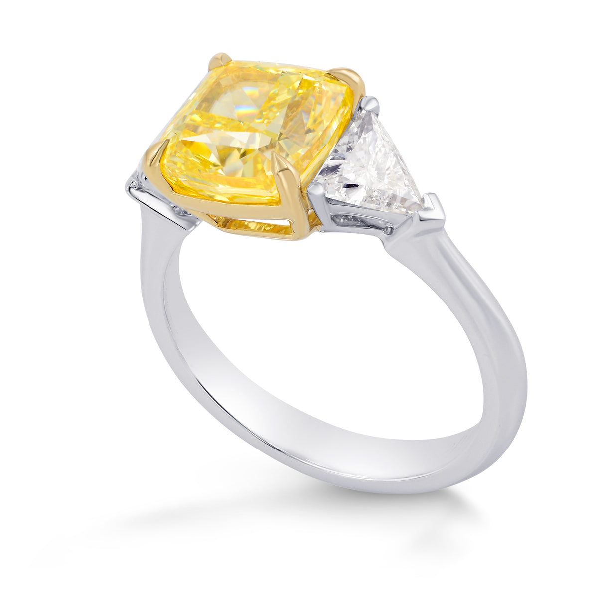 Fancy Intense Yellow Cushion Diamond 3 Stone Ring