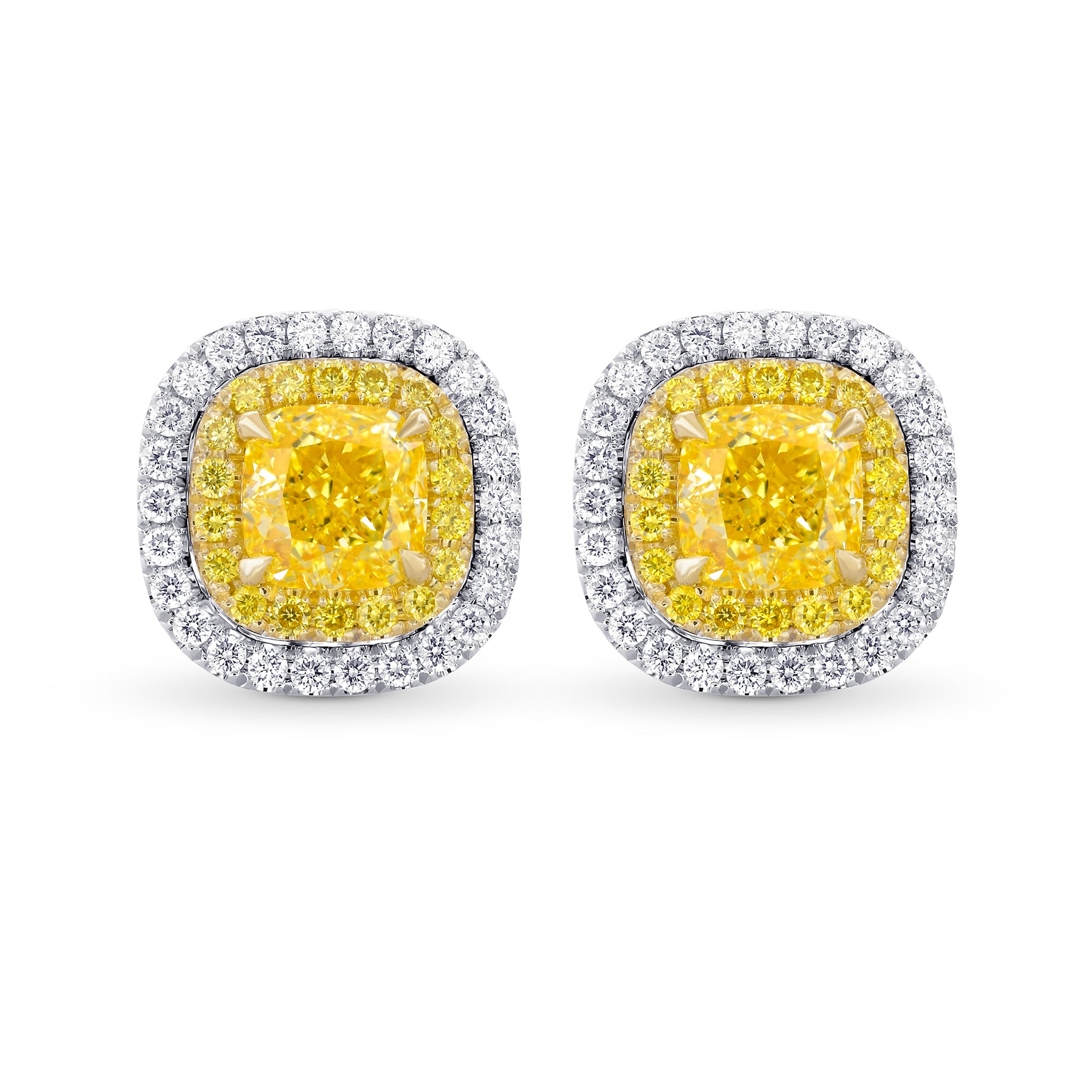 Fancy Yellow Cushion Double Halo Earrings 