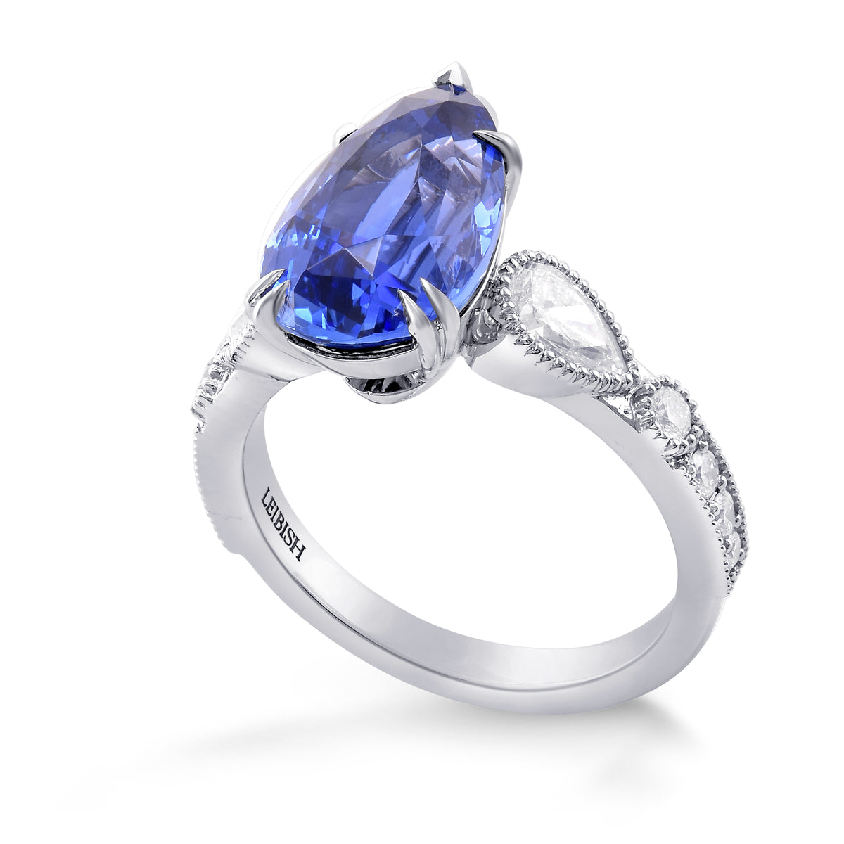 Blue Sapphire Pear & Diamond Side Stone Ring 