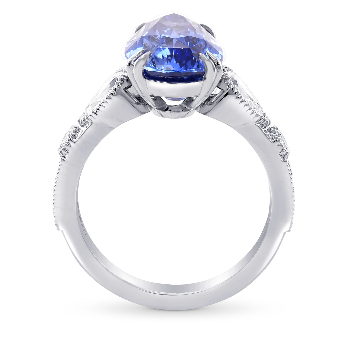 Blue Sapphire Pear & Diamond Side Stone Ring 
