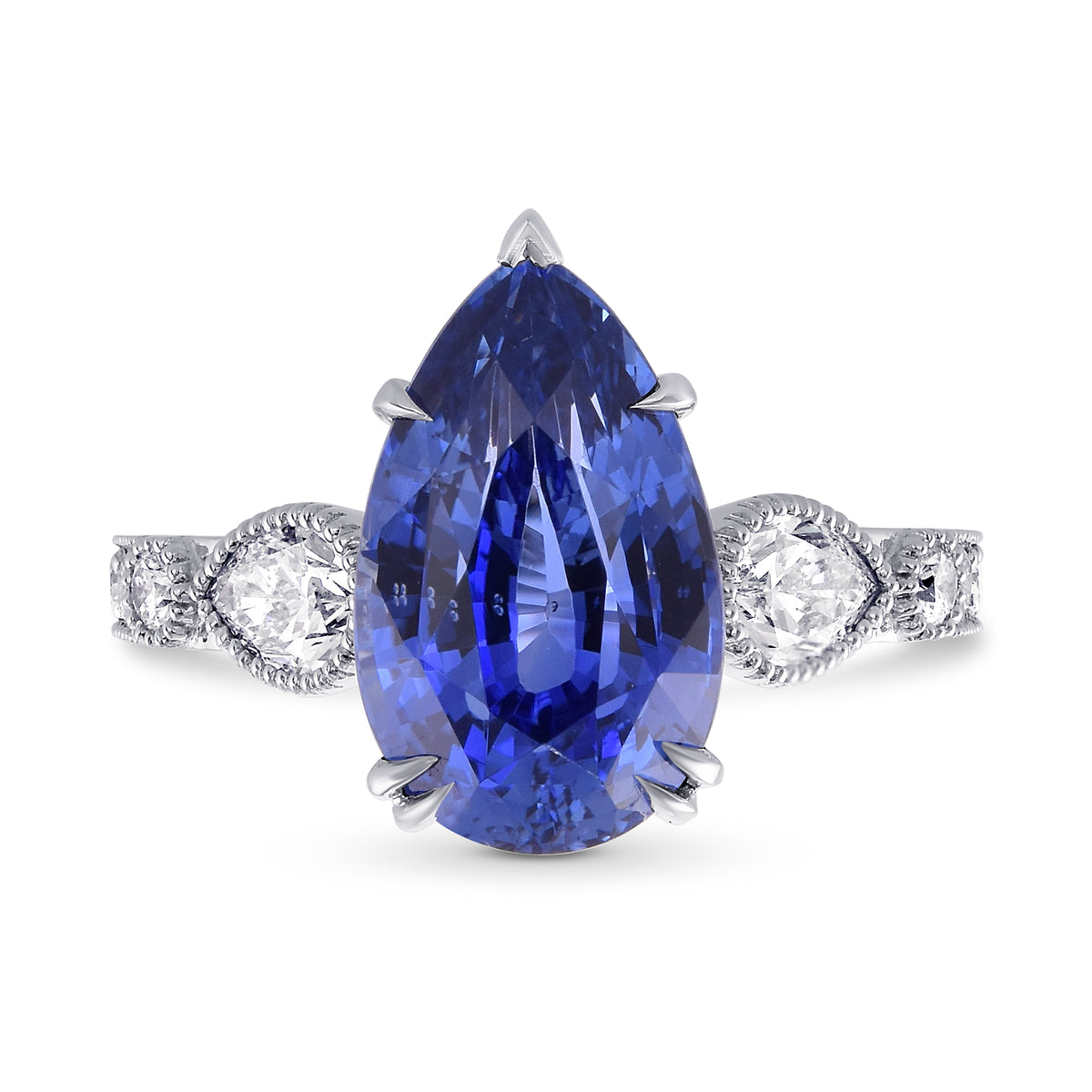 Blue Sapphire Pear & Diamond Side Stone Ring 