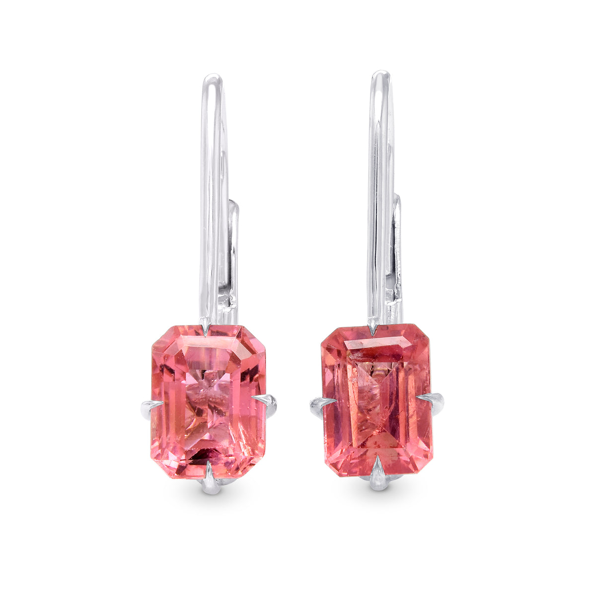 Pink Emerald Tourmaline Four Prong Leaver Back Earrings  