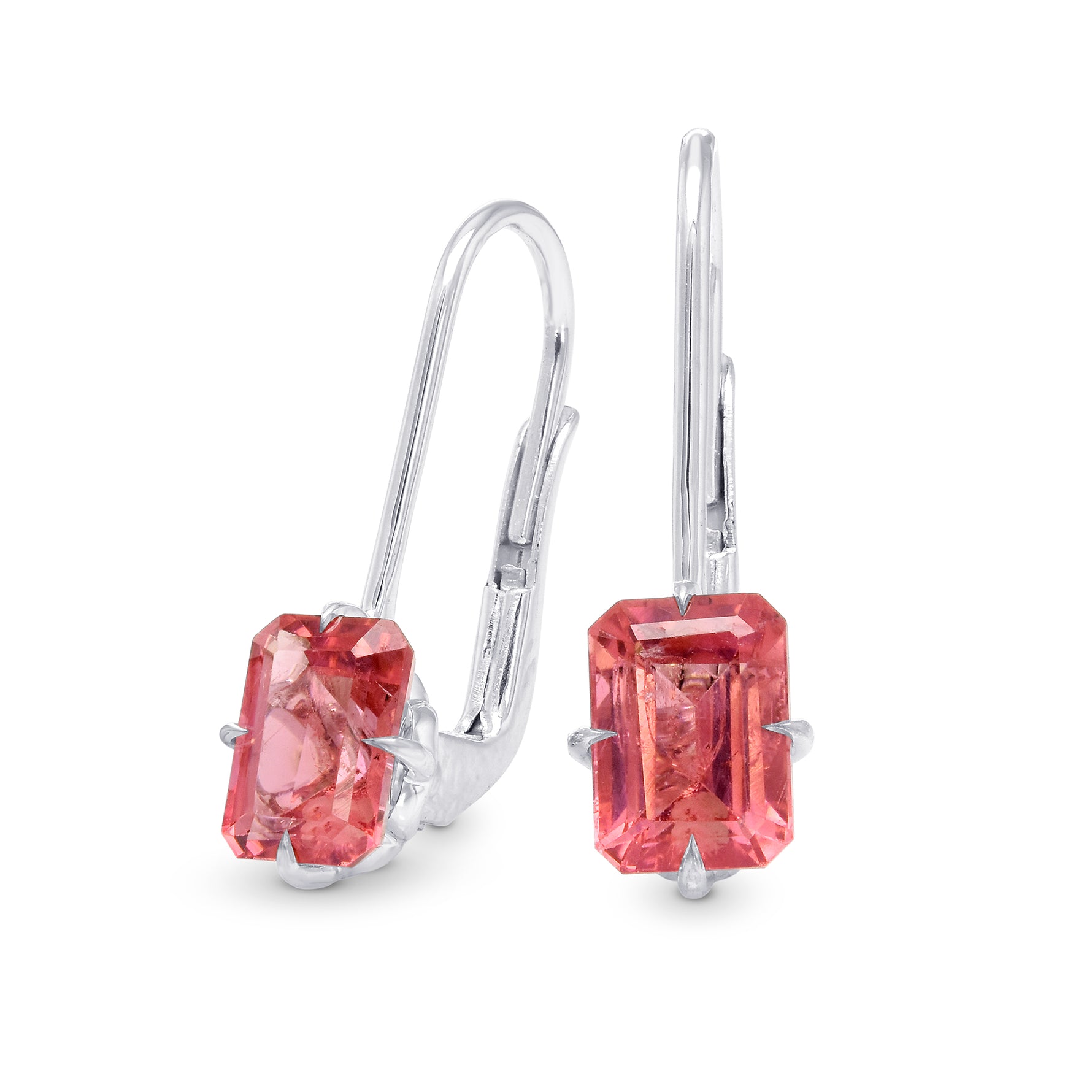 Pink Emerald Tourmaline Four Prong Leaver Back Earrings  