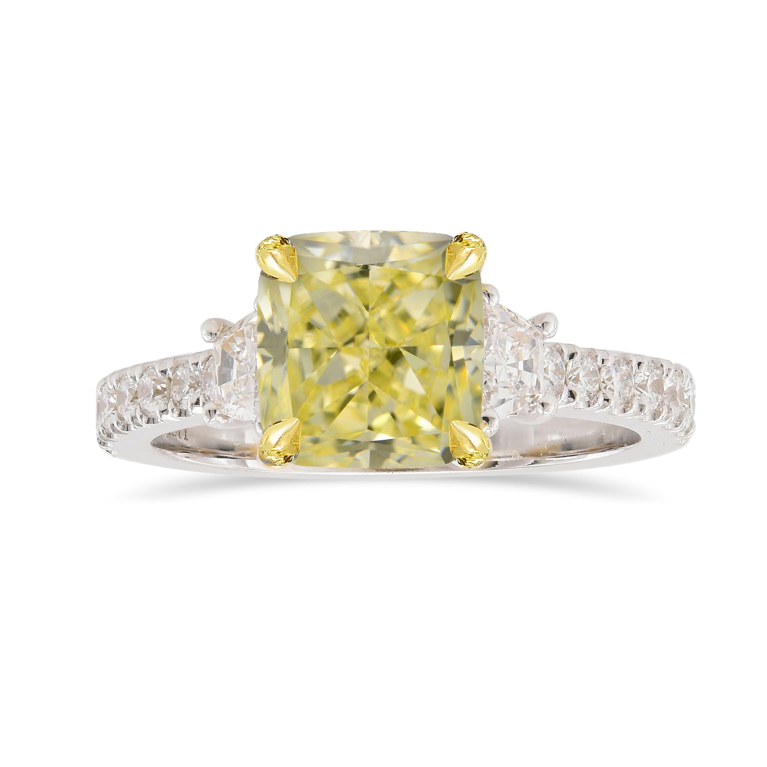 Fancy Light Yellow Cushion & Trapezoid Diamond Side-stone