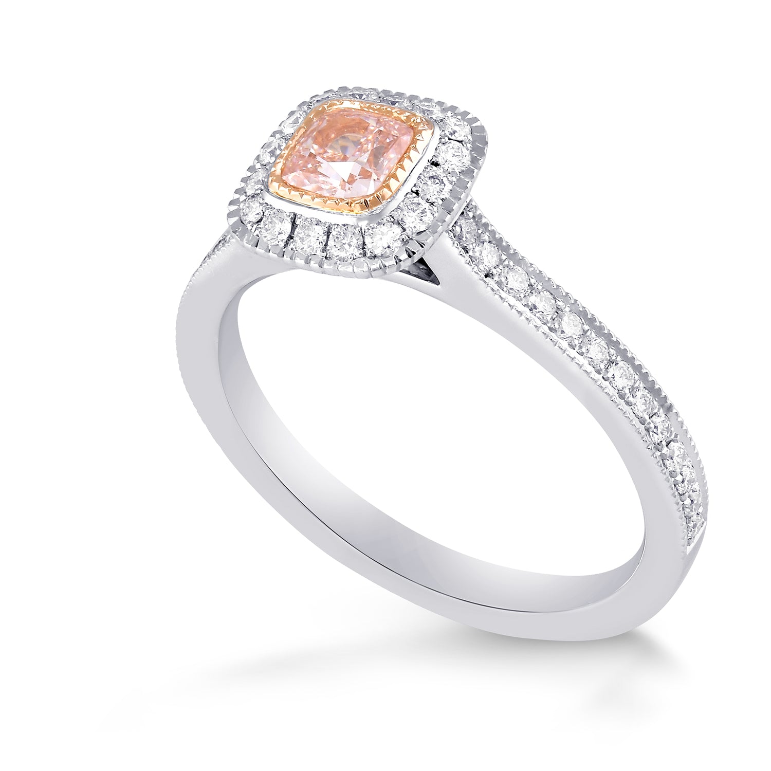 Fancy Light Orangy Pink Cushion Diamond Halo Milgrain Ring