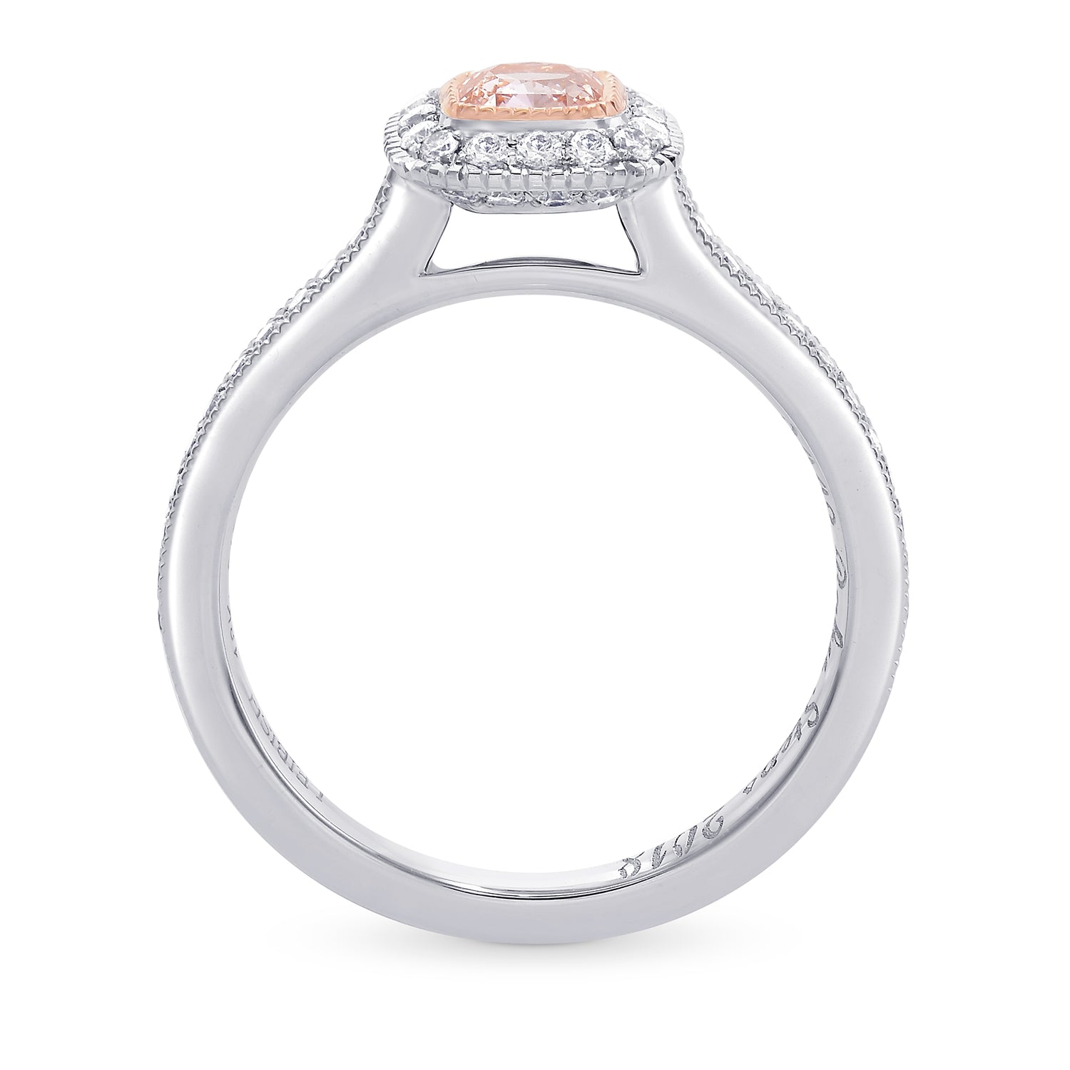 Fancy Light Orangy Pink Cushion Diamond Halo Milgrain Ring