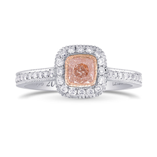 Fancy Light Orangy Pink Cushion Diamond Halo Milgrain Ring