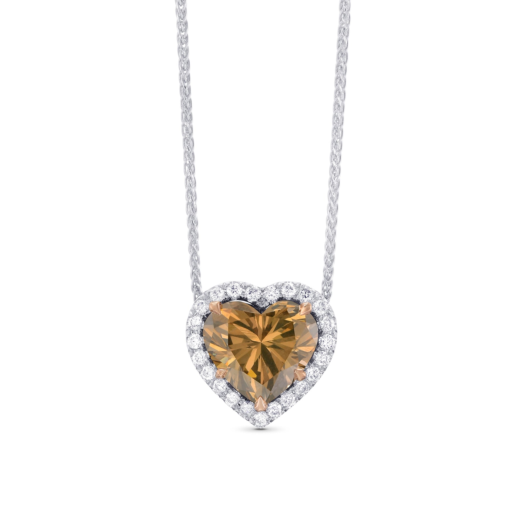 Fancy Dark Orangy Brown Heart Diamond Halo Pendant