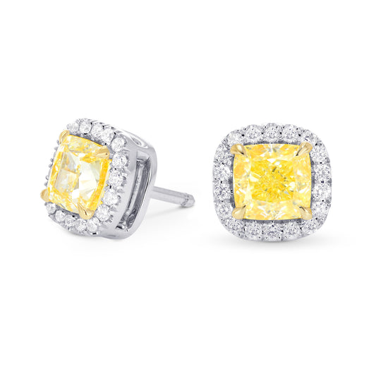 Fancy Light Yellow Cushion Diamond Halo Earrings
