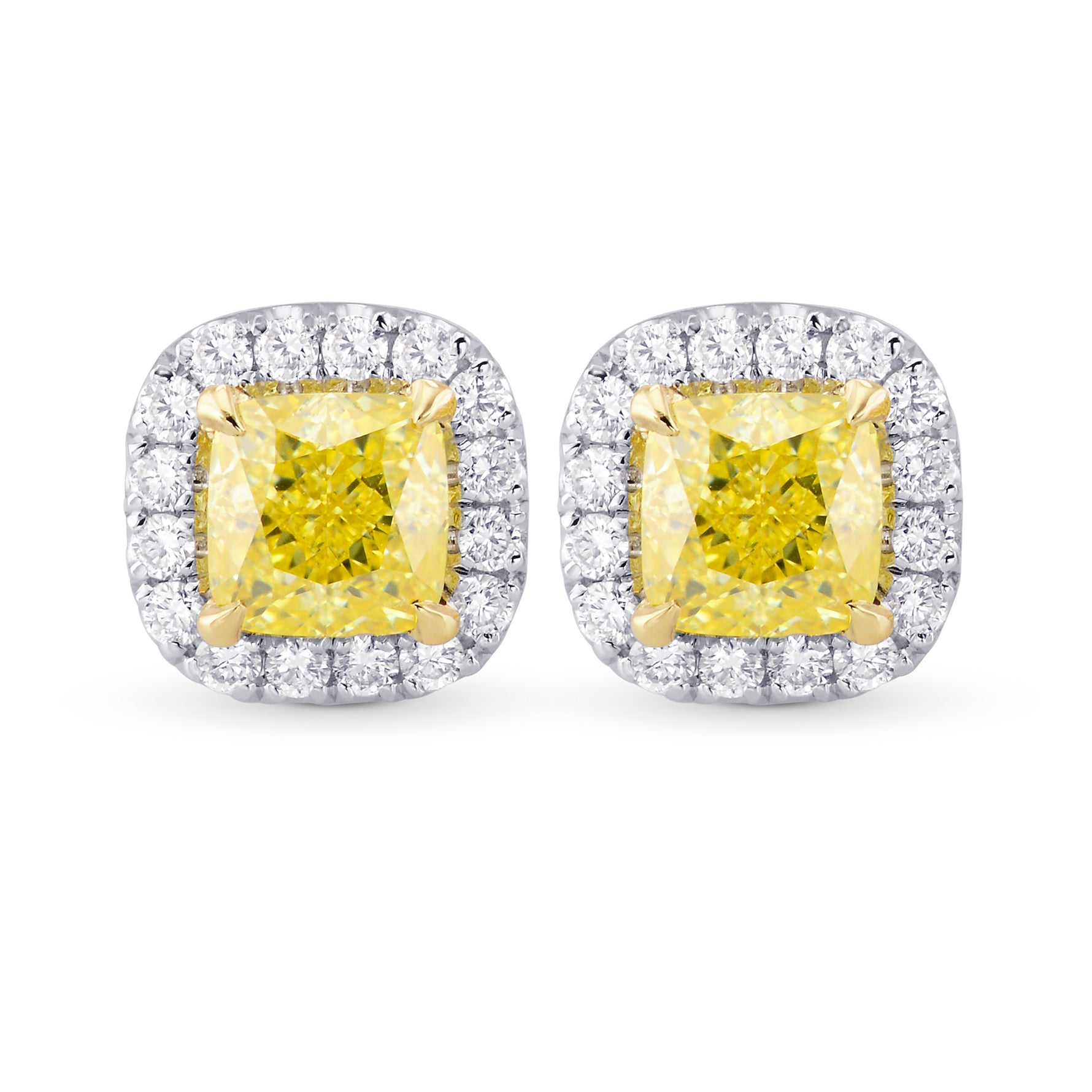  Fancy Yellow Cushion Diamond Halo Earrings
