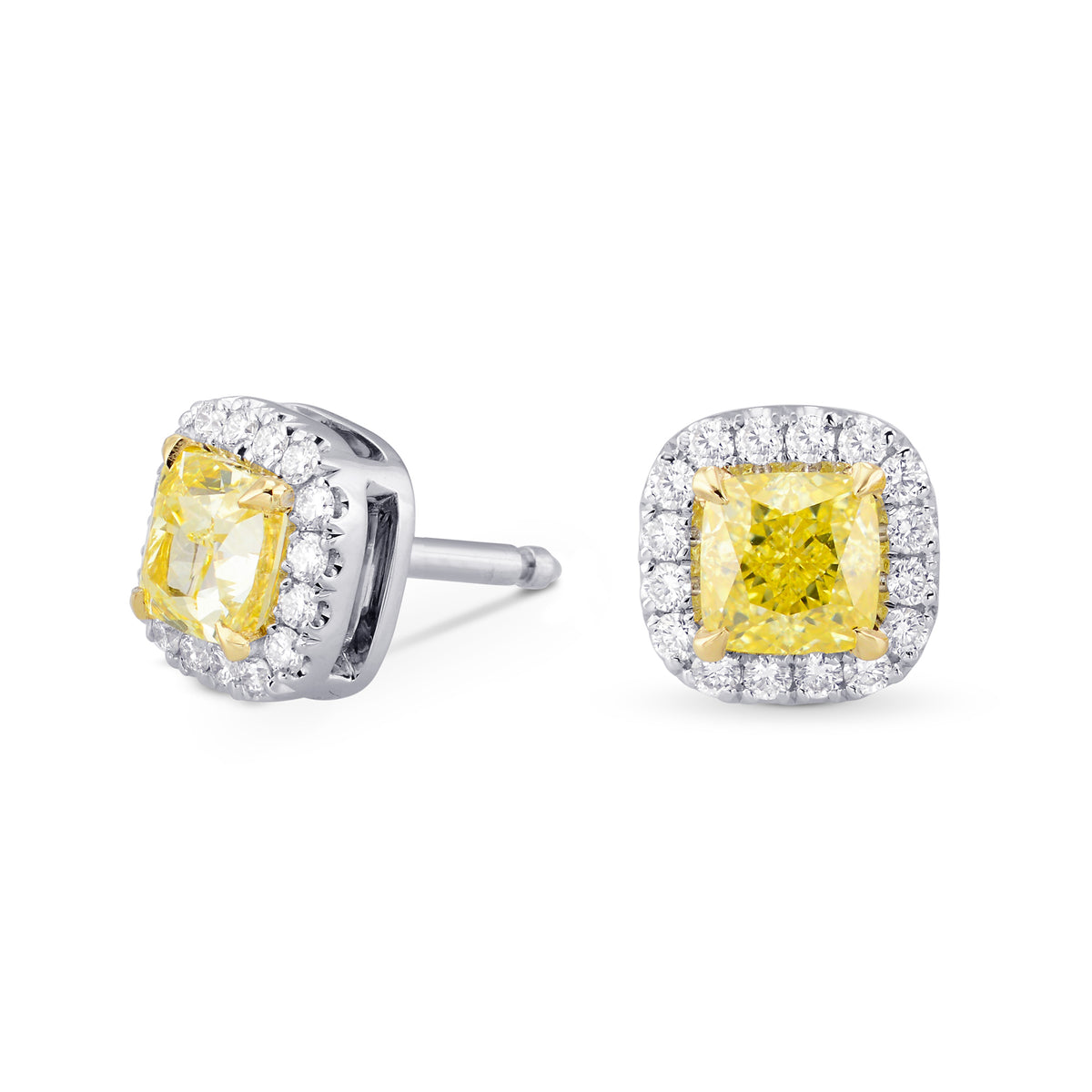  Fancy Yellow Cushion Diamond Halo Earrings