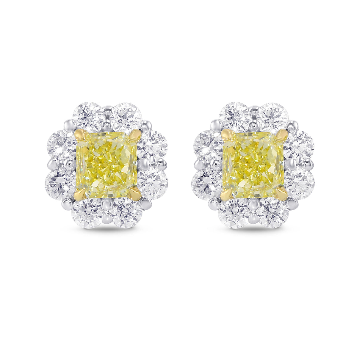 Fancy Yellow Radiant Diamond Basket Halo Earrings 