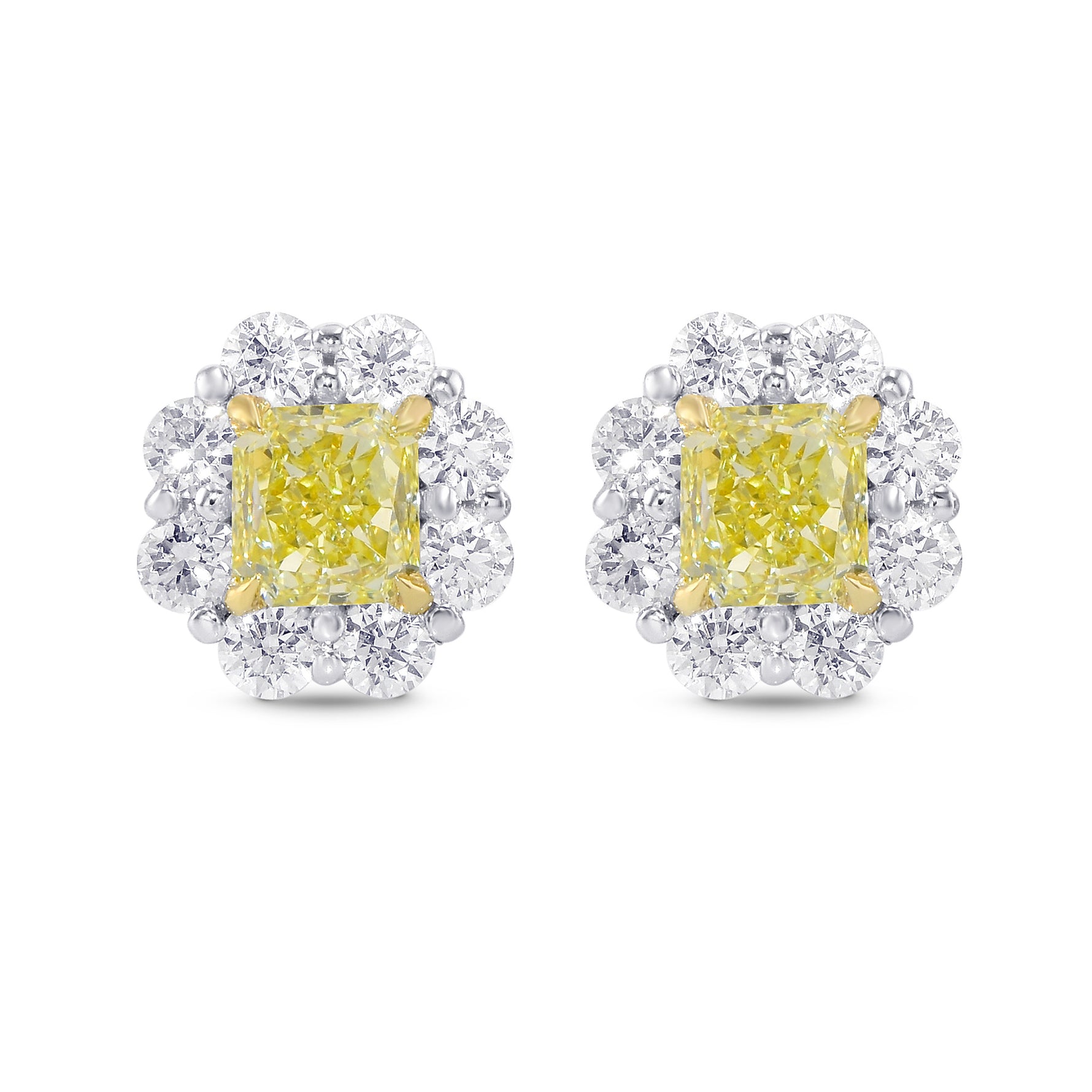 Fancy Yellow Radiant Diamond Basket Halo Earrings 