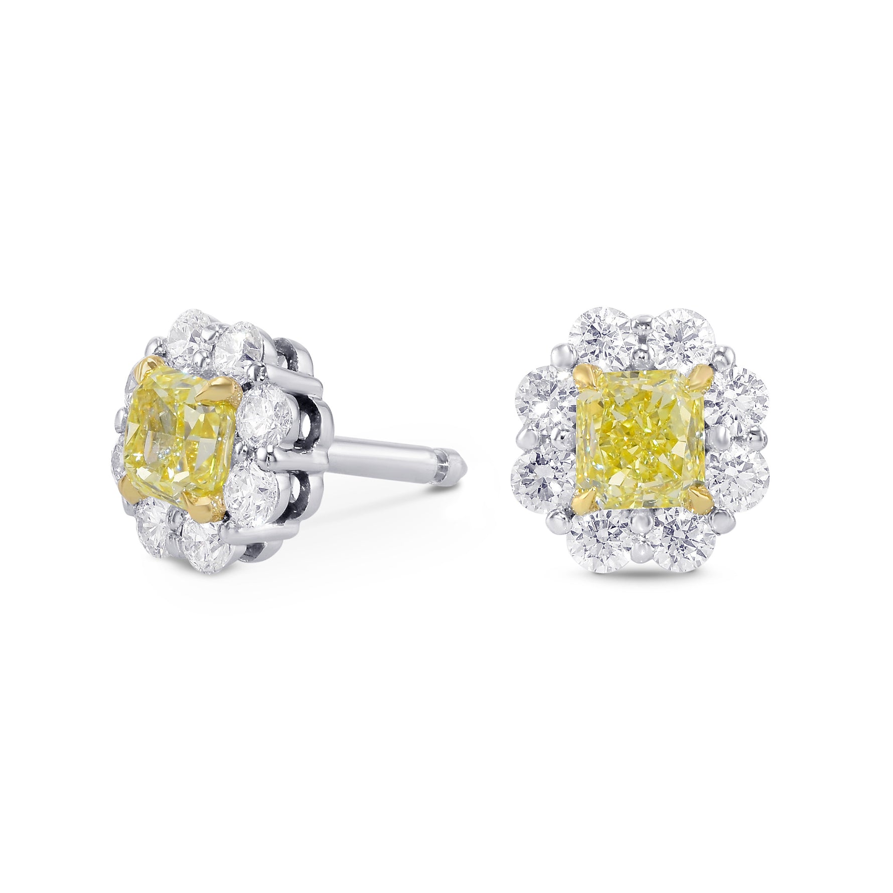 Fancy Yellow Radiant Diamond Basket Halo Earrings 