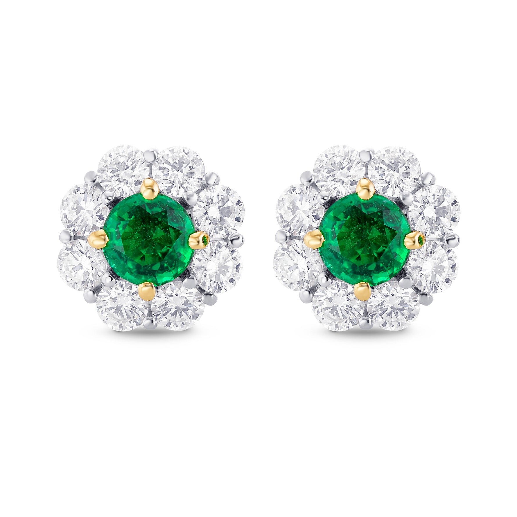 Green Round Brilliant Emerald and Diamond Halo Earrings (2.20Ct TW)