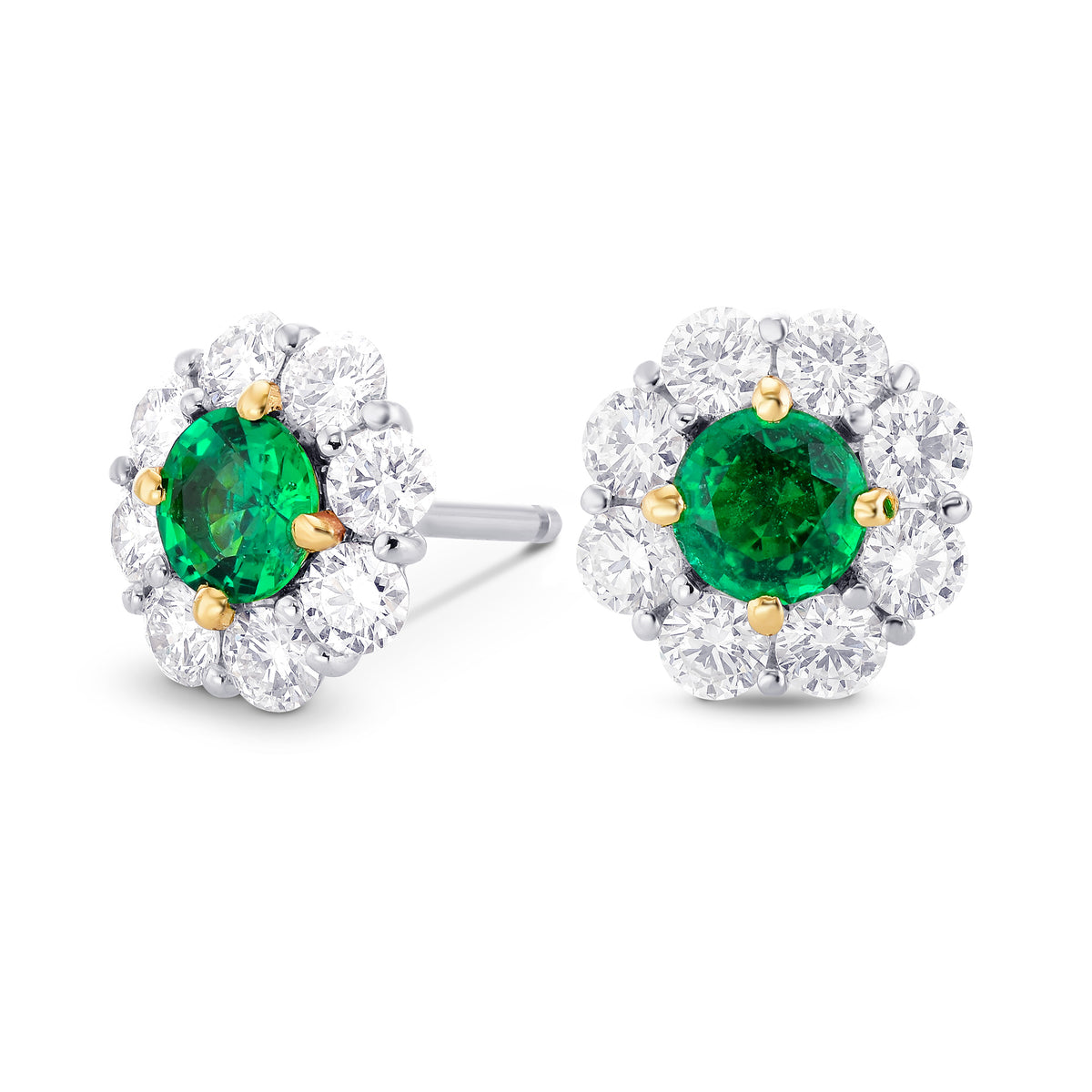 Green Round Brilliant Emerald and Diamond Halo Earrings (2.20Ct TW)