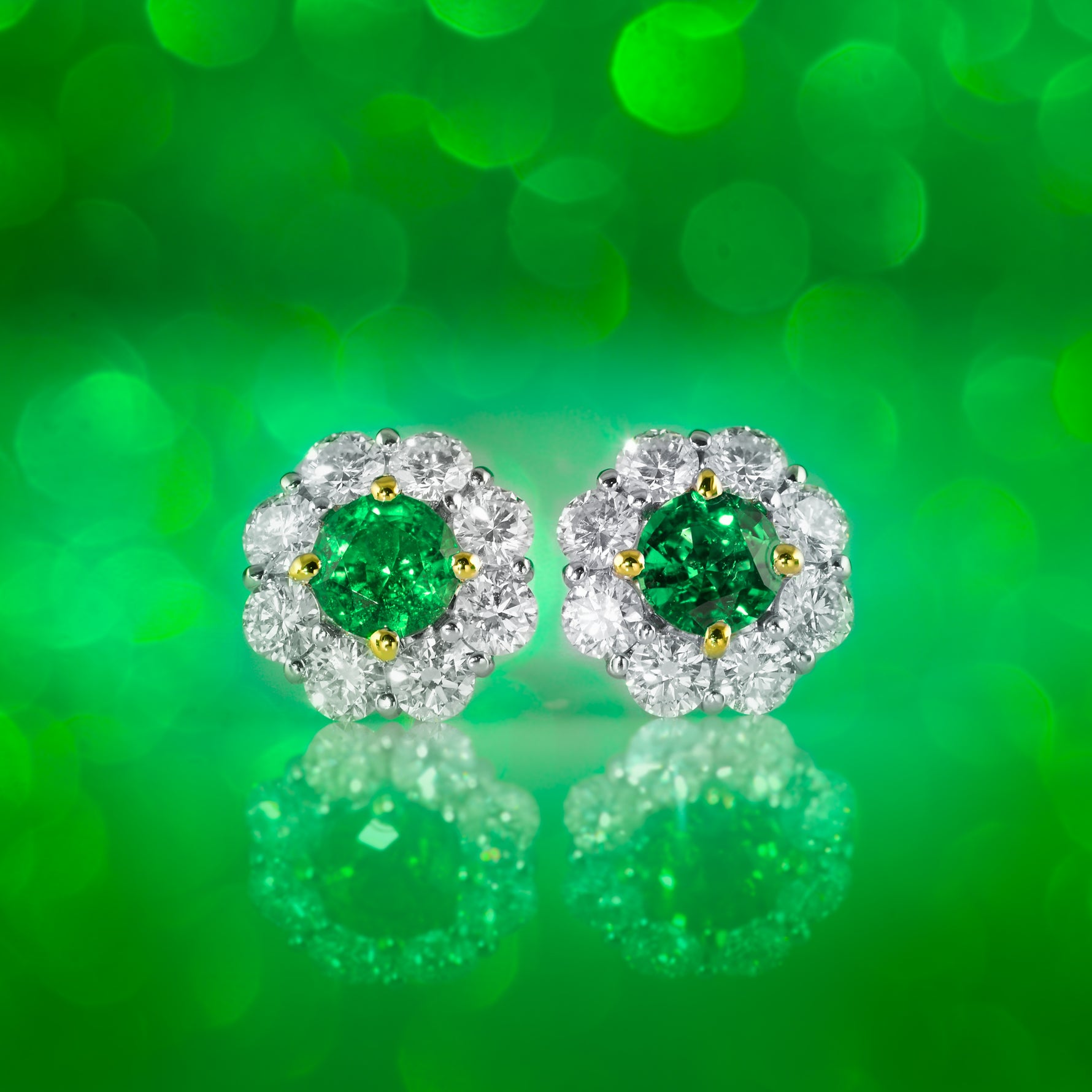 Green Round Brilliant Emerald and Diamond Halo Earrings (2.20Ct TW)