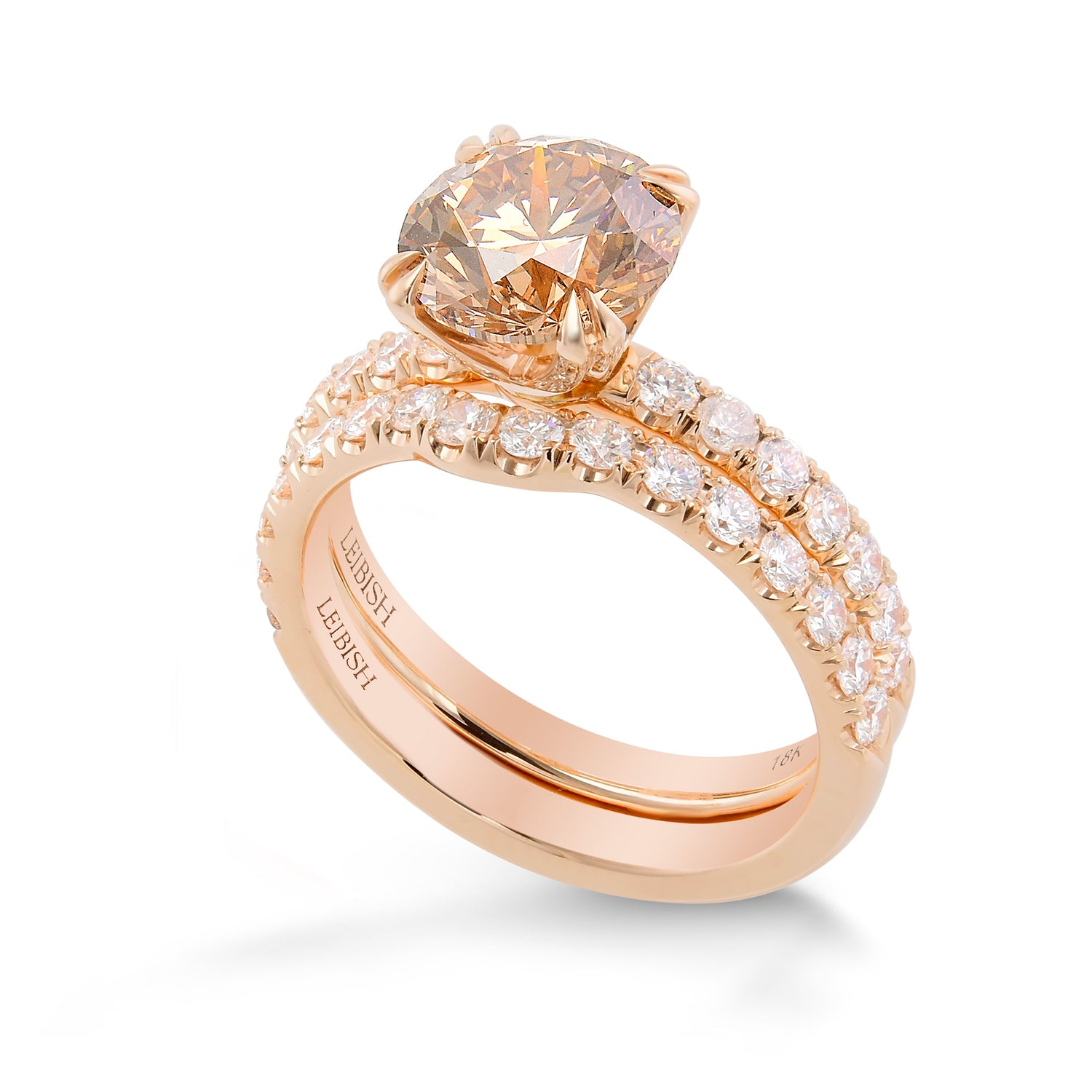 Fancy Orange Brown Round Diamond Wedding Set Rings