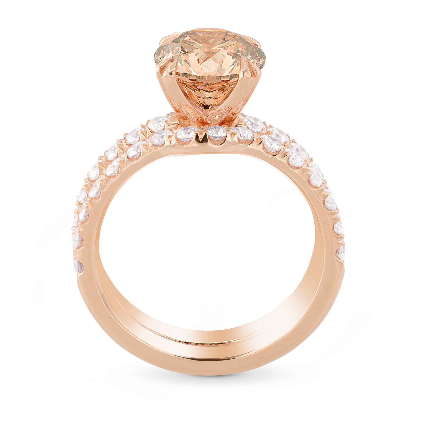 Fancy Orange Brown Round Diamond Wedding Set Rings