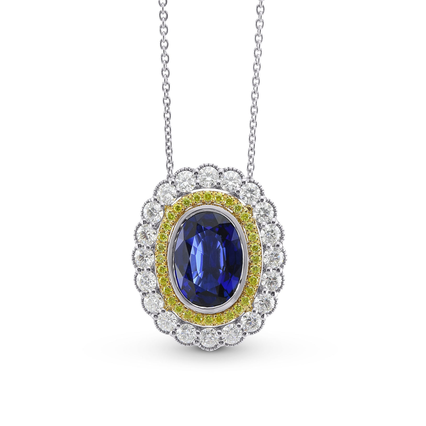 Royal Blue Oval Sapphire & Diamond Halo Pendant