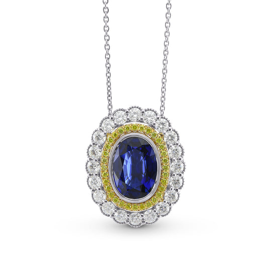 Royal Blue Oval Sapphire & Diamond Halo Pendant