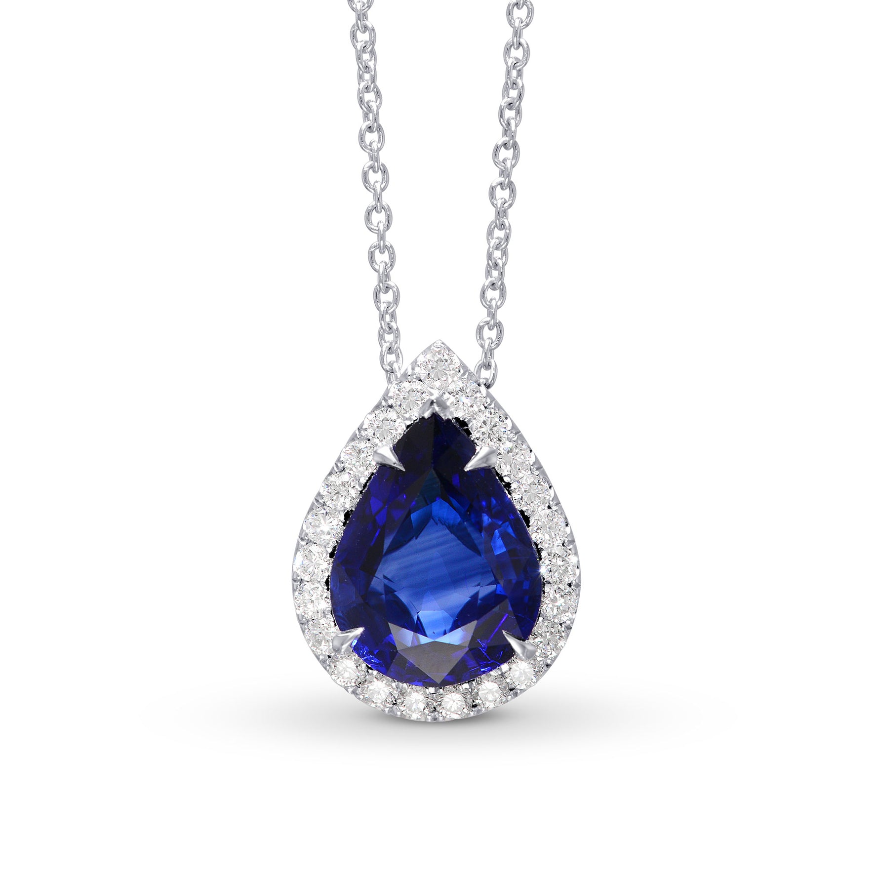  Vivid Royal Blue Pear Sapphire & Diamond Pendant