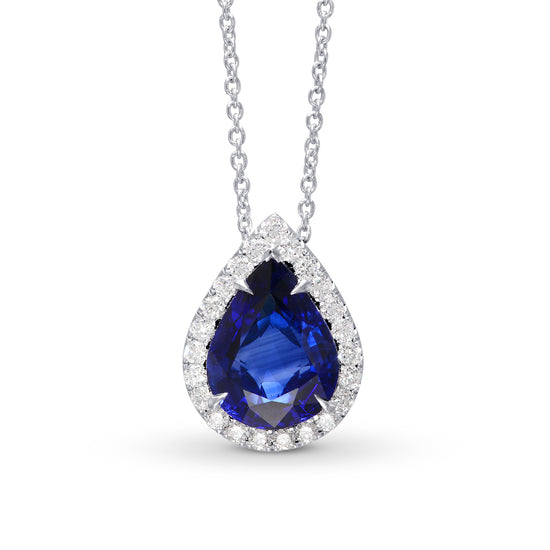  Vivid Royal Blue Pear Sapphire & Diamond Pendant