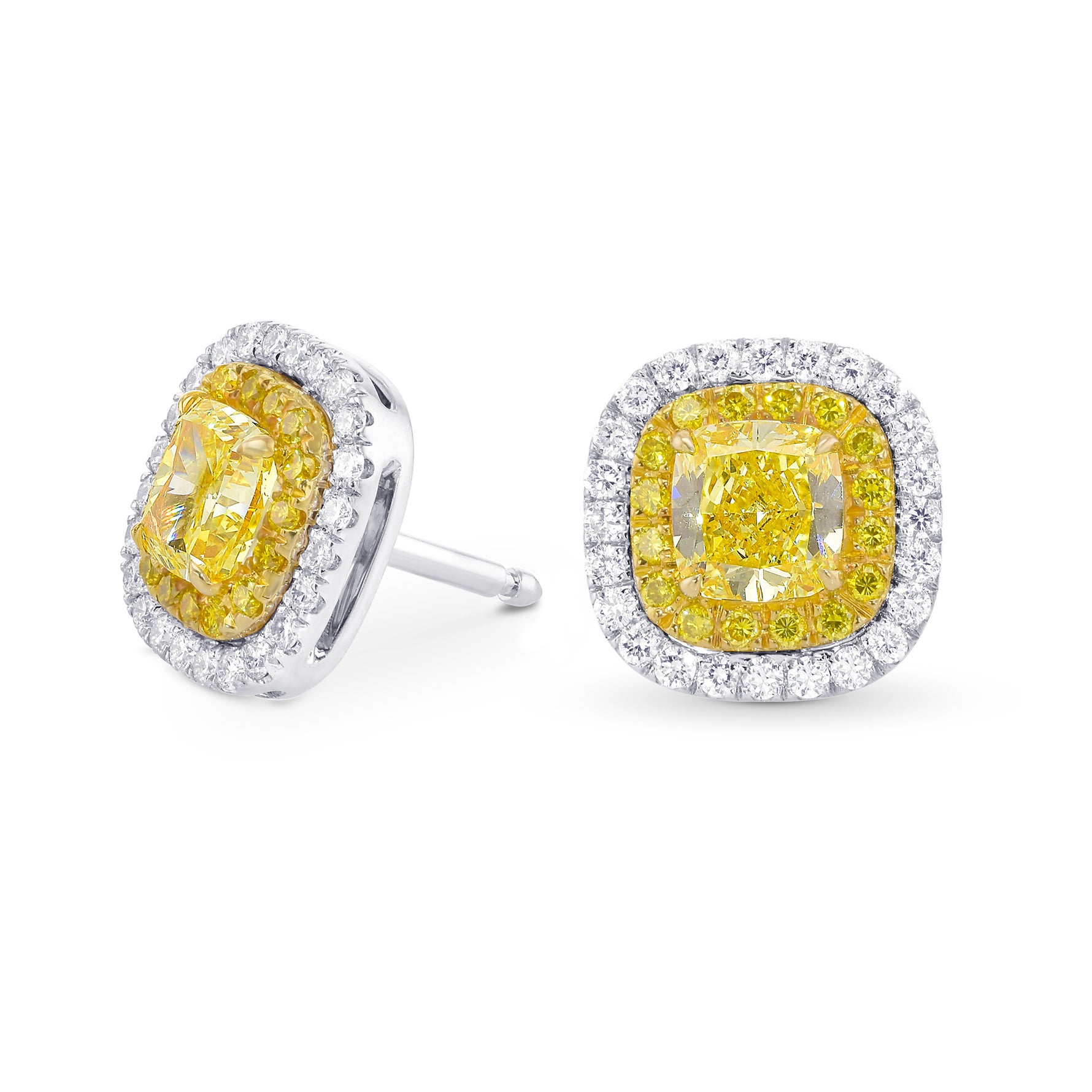 Fancy Intense Yellow Cushion Double Halo Earrings 