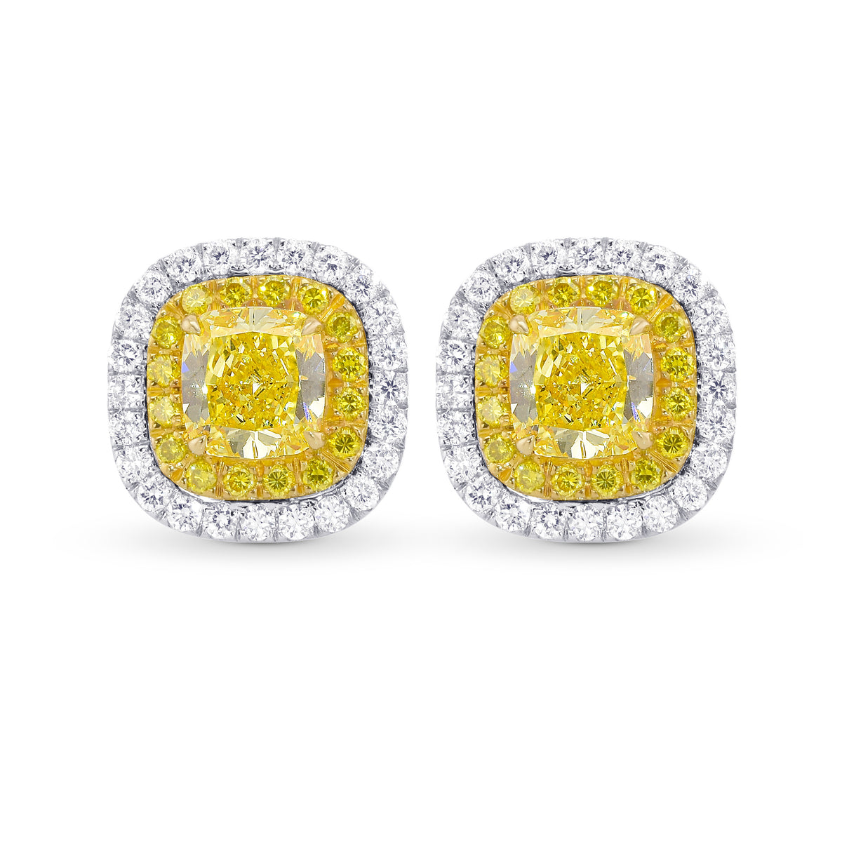 Fancy Intense Yellow Cushion Double Halo Earrings 