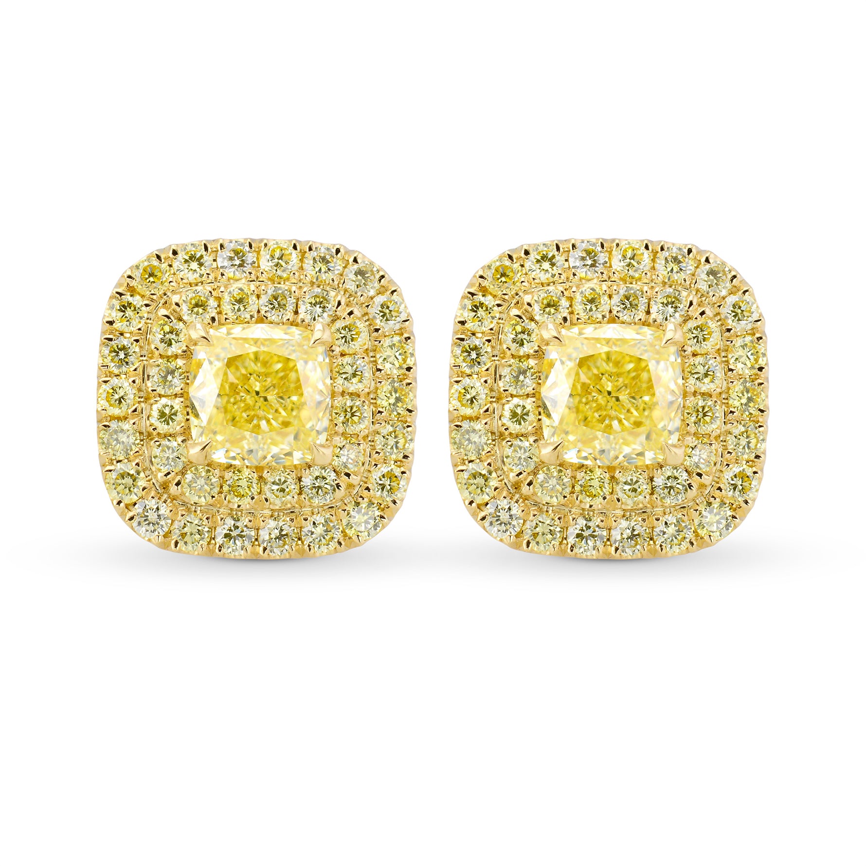 Fancy Light Yellow Cushion Double Halo Earrings 