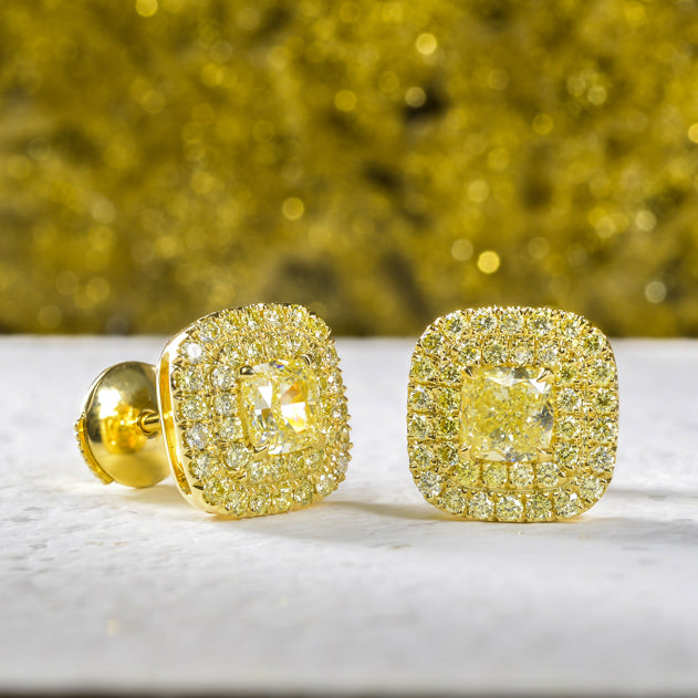 Fancy Light Yellow Cushion Double Halo Earrings 