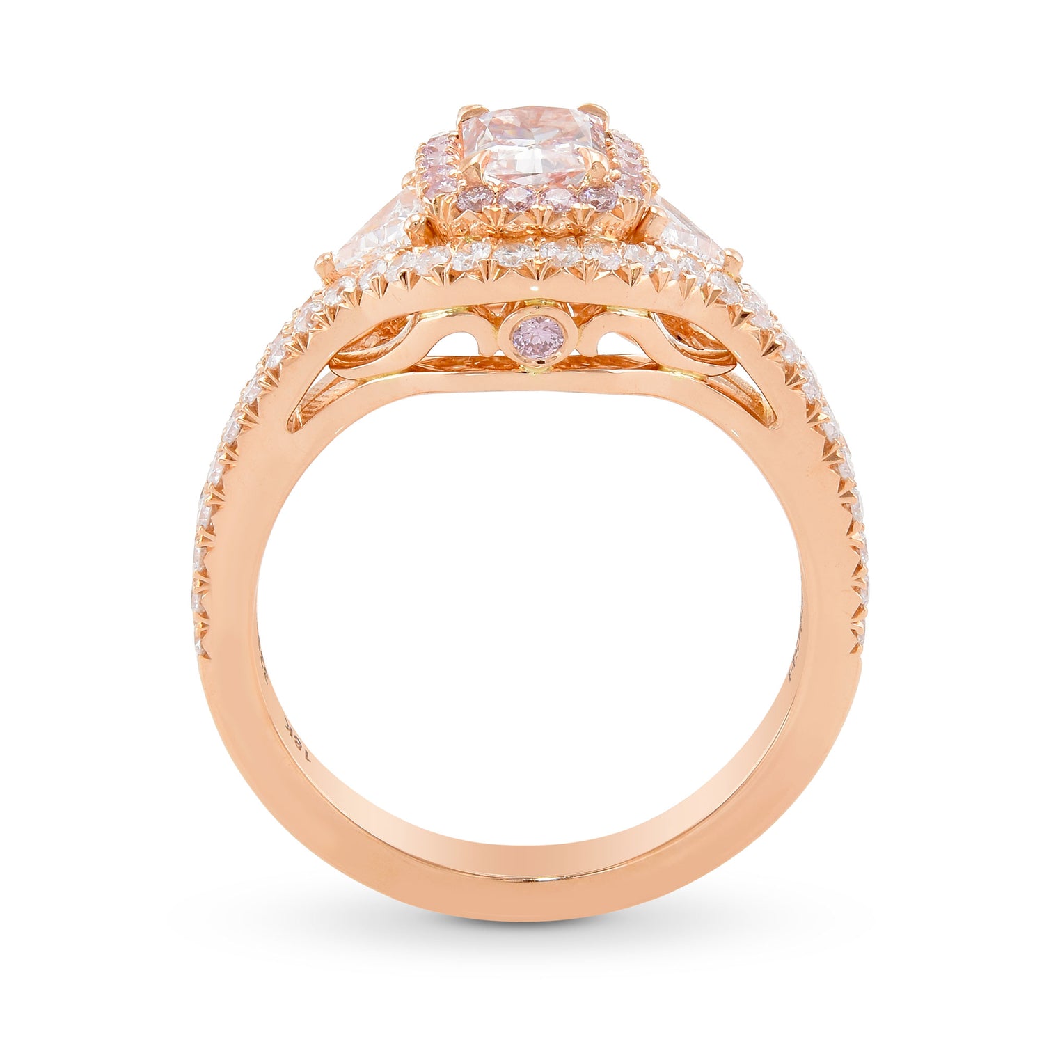 Faint Light Orangy Pink Radiant & Triangle Diamond Ring 