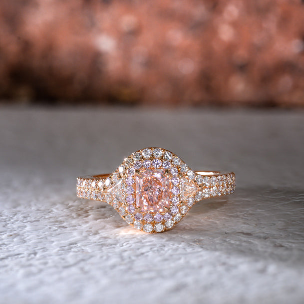 Faint Light Orangy Pink Radiant & Triangle Diamond Ring 
