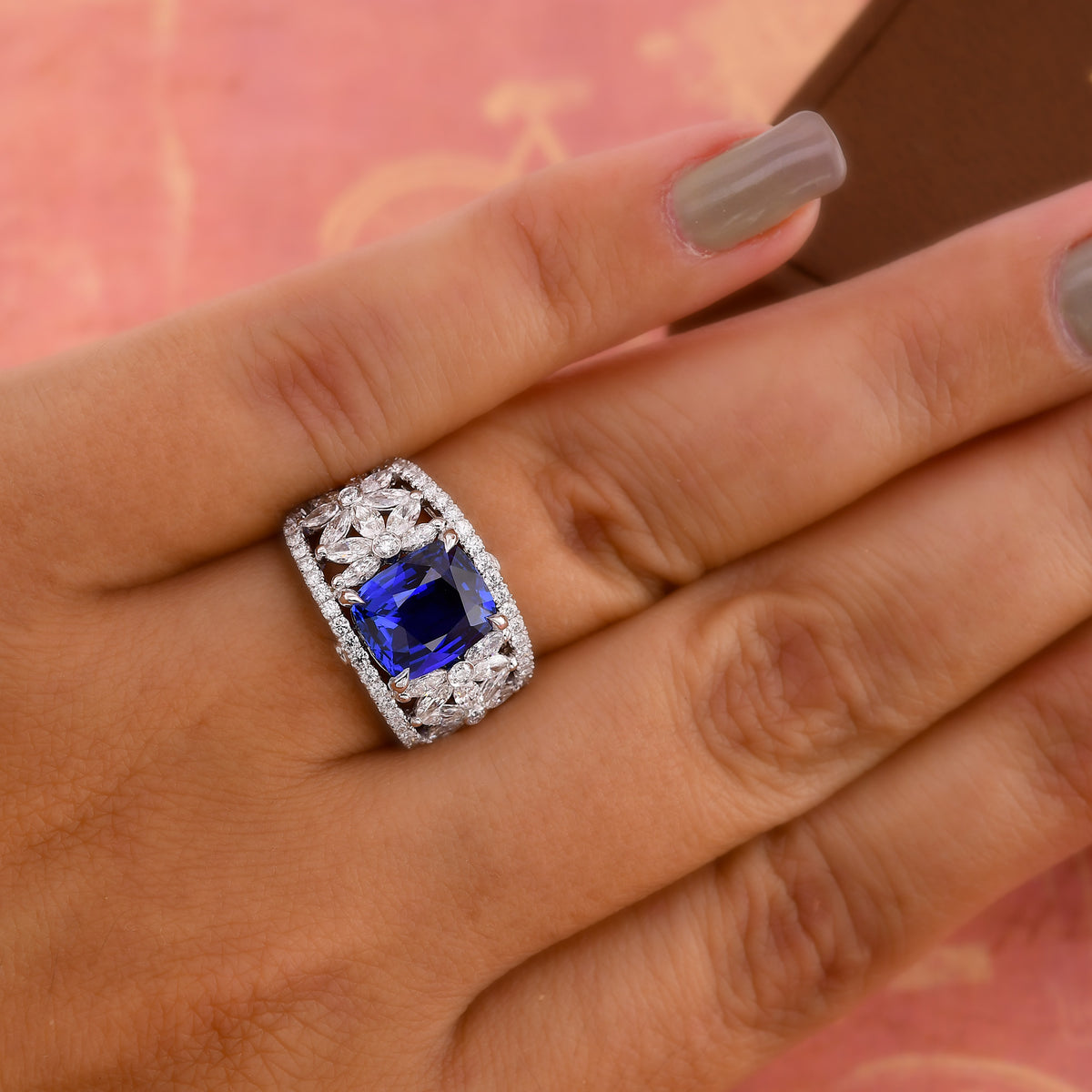 Royal Blue Cushion Sapphire & Diamond Dress Ring