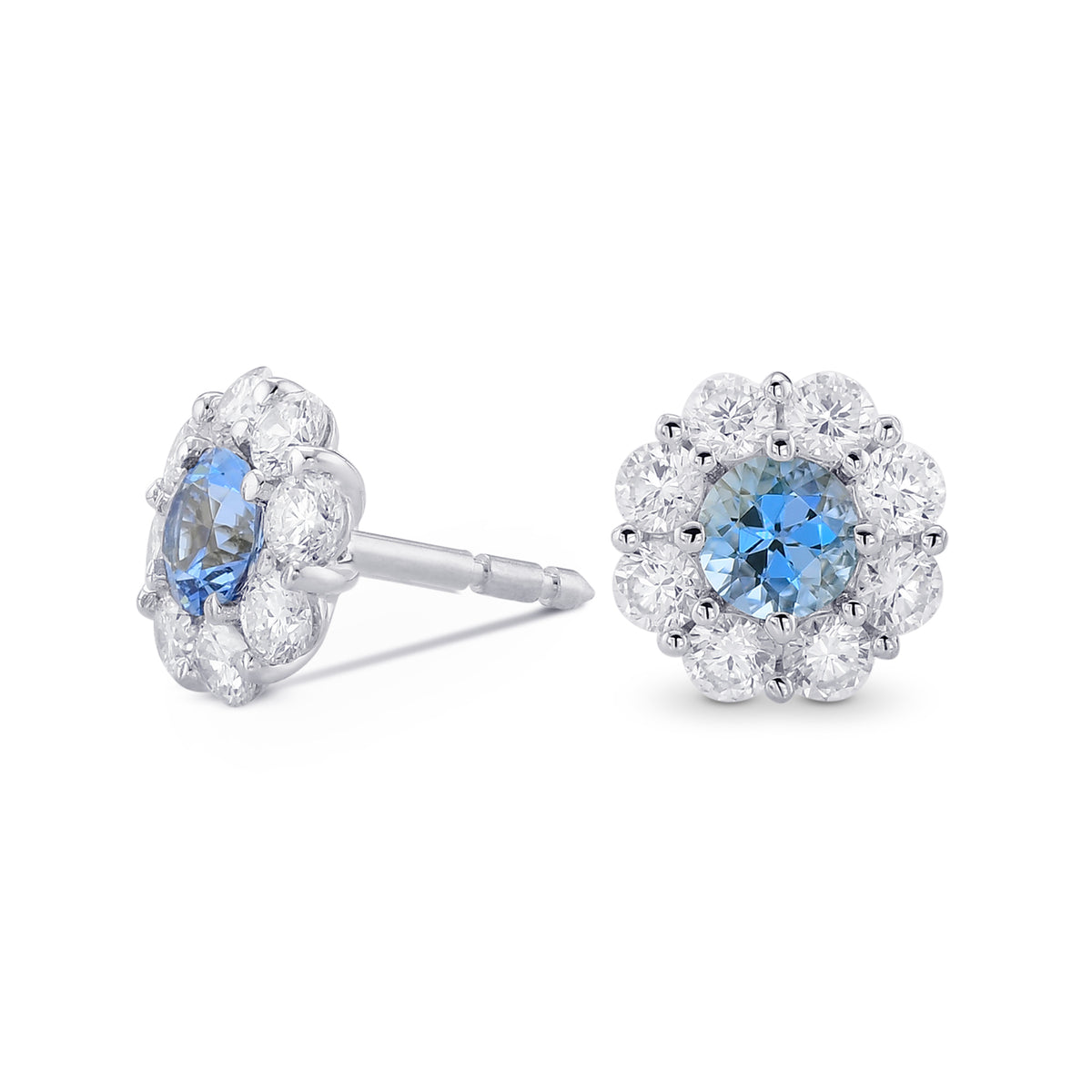 Aquamarine and Diamond Round Halo Earrings