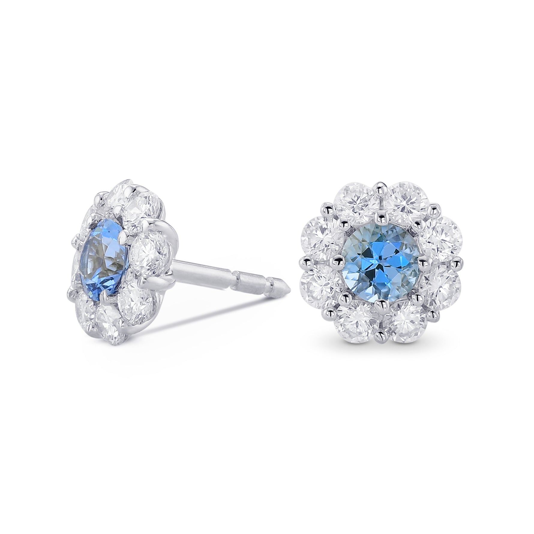Aquamarine and Diamond Round Halo Earrings