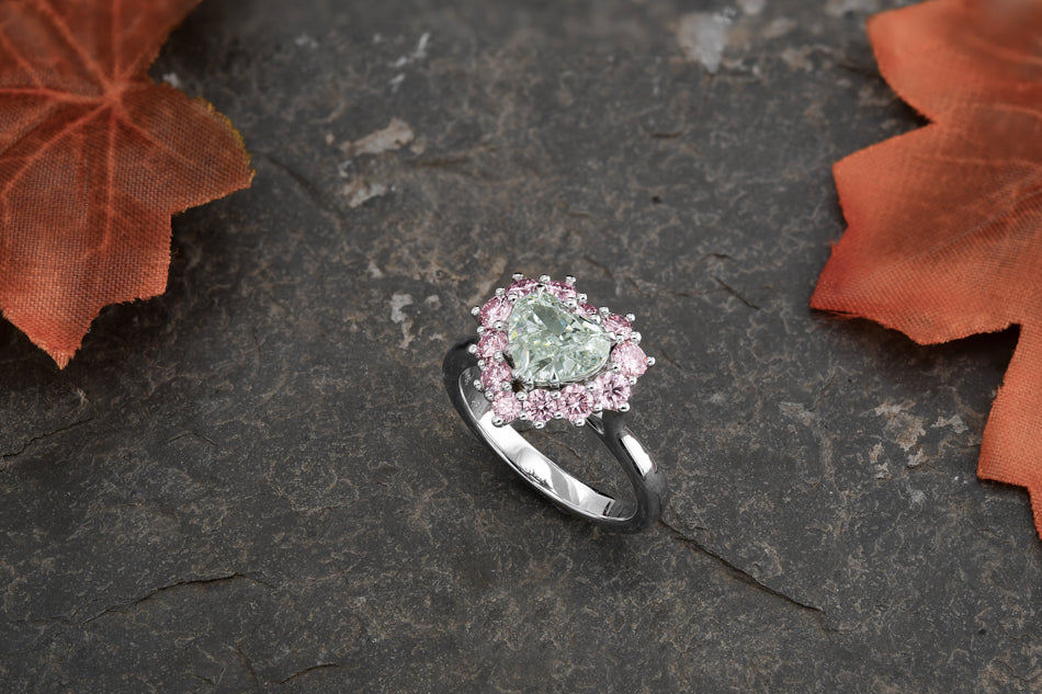 Fancy Yellowish Green Heart & Fancy Light Pink Diamond Halo Ring