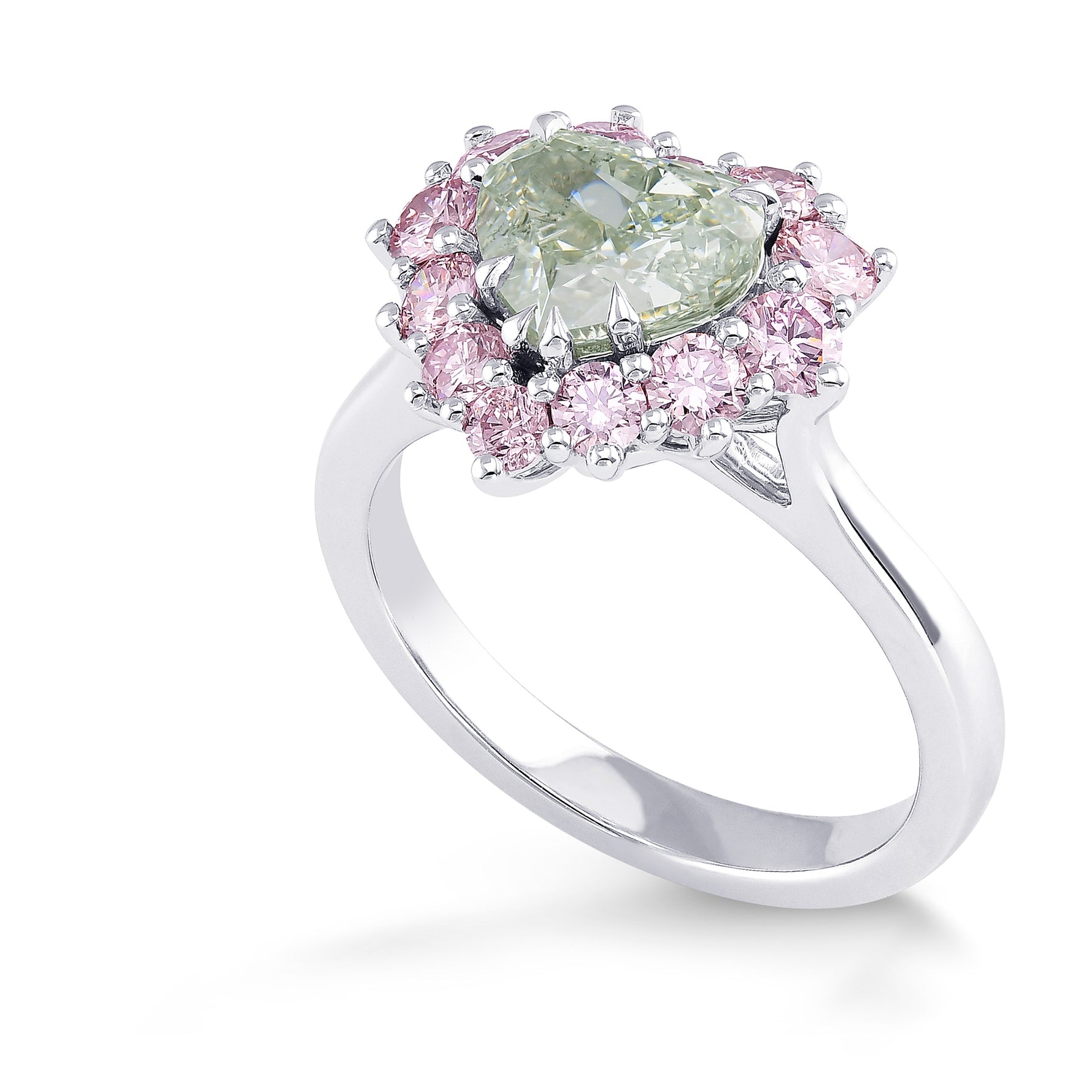 Fancy Yellowish Green Heart & Fancy Light Pink Diamond Halo Ring