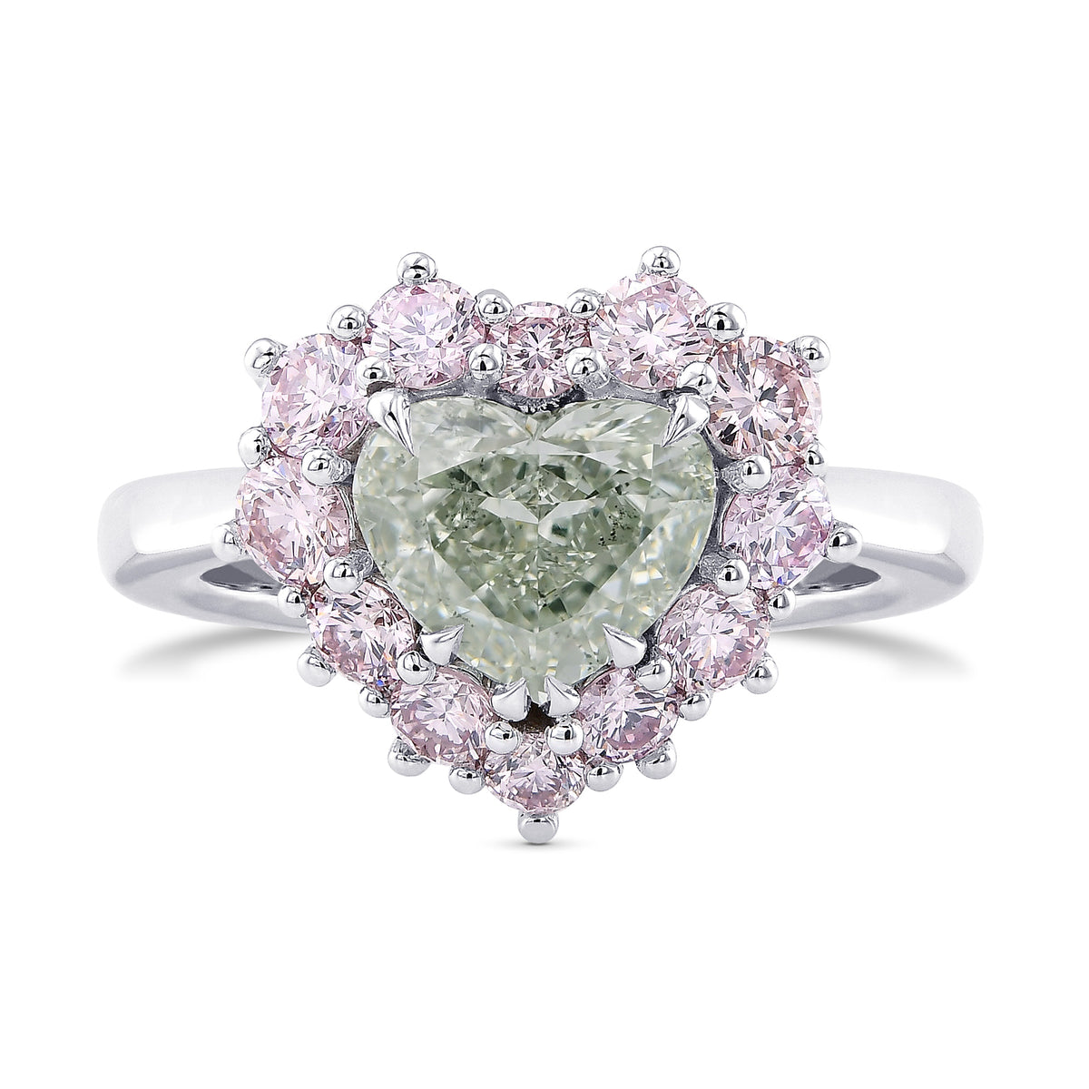 Fancy Yellowish Green Heart & Fancy Light Pink Diamond Halo Ring