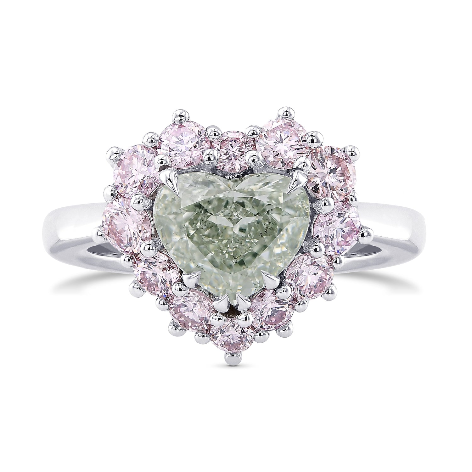 Fancy Yellowish Green Heart & Fancy Light Pink Diamond Halo Ring
