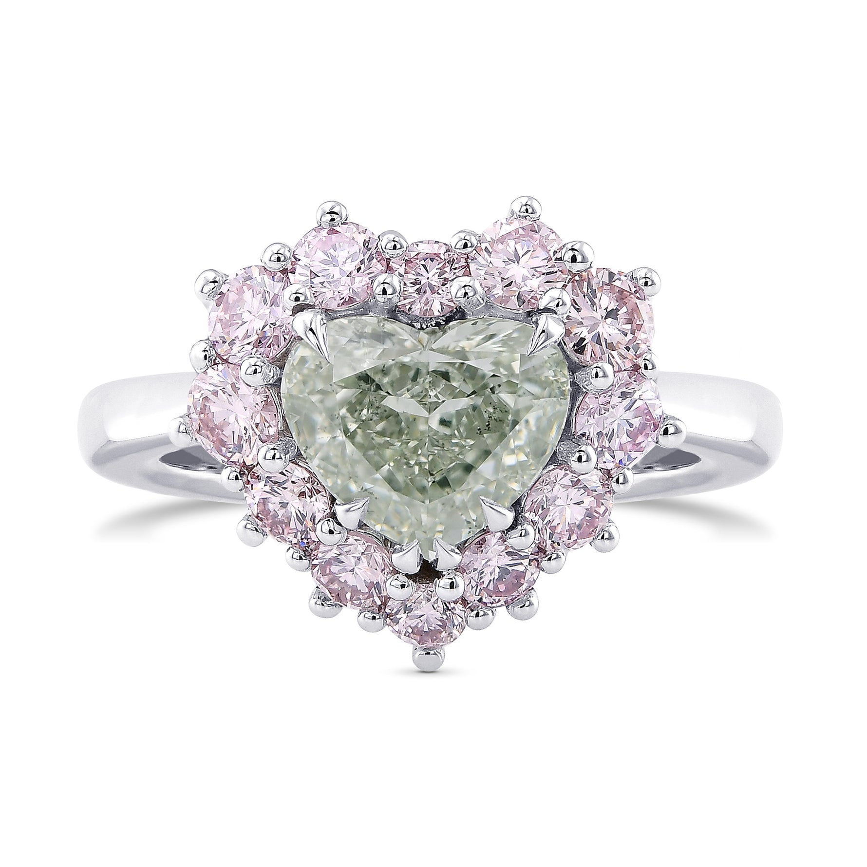 Fancy Yellowish Green Heart & Fancy Light Pink Diamond Halo Ring