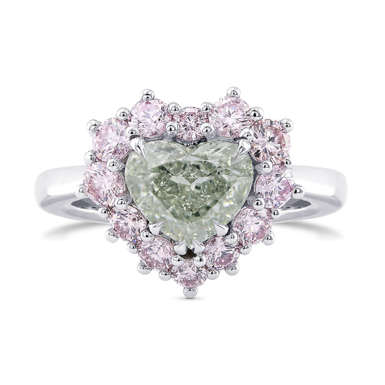 Fancy Yellowish Green Heart & Fancy Light Pink Diamond Halo Ring